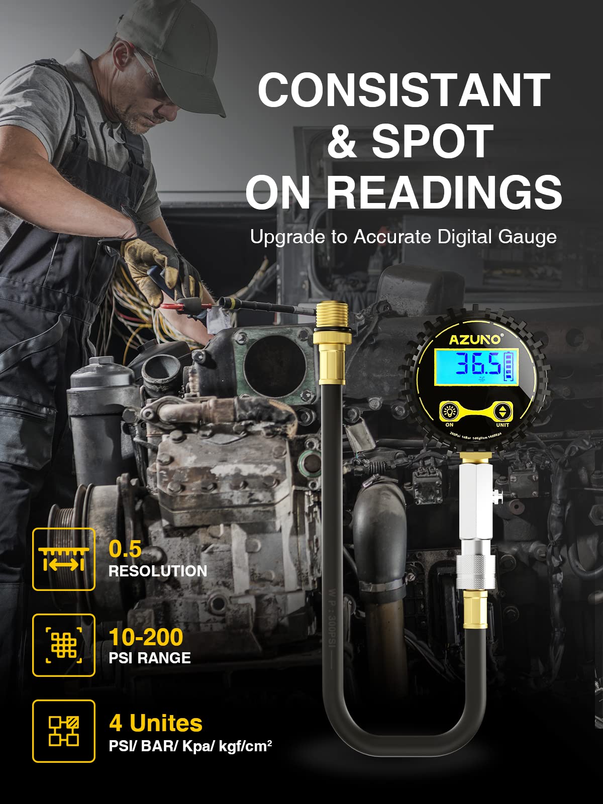 AZUNO Digital Compression Gauge 200 PSI for Petrol Engine Cylinder Compression Tester Kit with Adapter & Hose