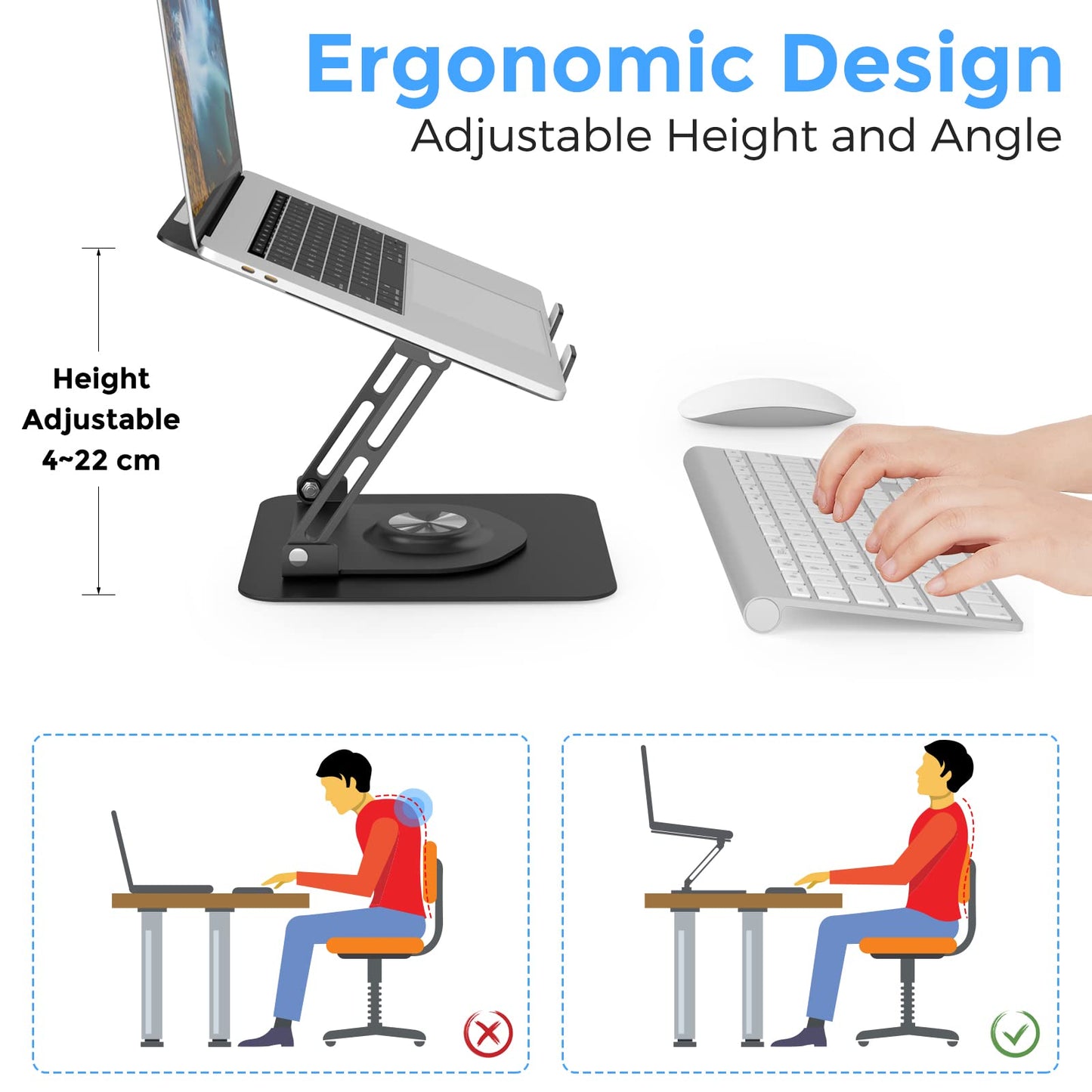 Swivel Laptop Stand for Desk, Adjustable Height Aluminum Computer Stand with 360 Rotating Base, Foldable Ergonomic Riser, Portable Laptop Holder Compatible with MacBook, All Laptops 10-17'', Black