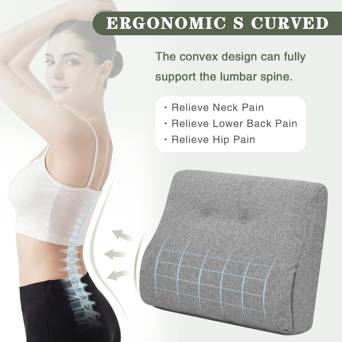 baibu Lumbar Support Pillow for Couch, Dual-Layer Patent Design Back Support Pillow with Memory Foam Ergonomic Orthopedic Recliner Lumbar Cushions for Elderly Lower Back Pain Relief, Grey, 1PC