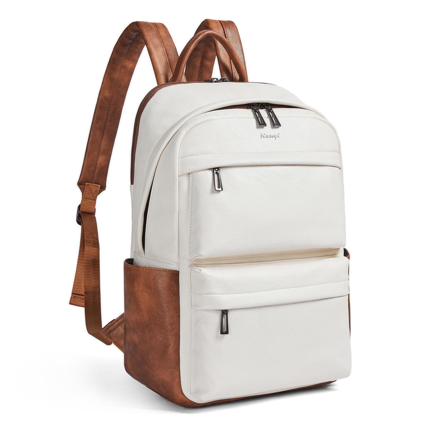 TIAMYI Vegan Leather Backpack for Women Travel Back pack with 15.6 inch Laptop Compartment, Vintage Ladies Computer Backpack, Beige
