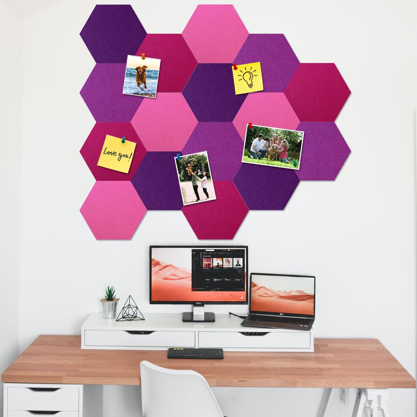 HULAVO 16Pcs Hexagon Felt Cork Board Tiles, Self Adhesive DIY Felt Bulletin Board Pin Board with 70 Pushpins for Office School Home Wall Decor Stickers Memos Photos Display(Gradual Purple)