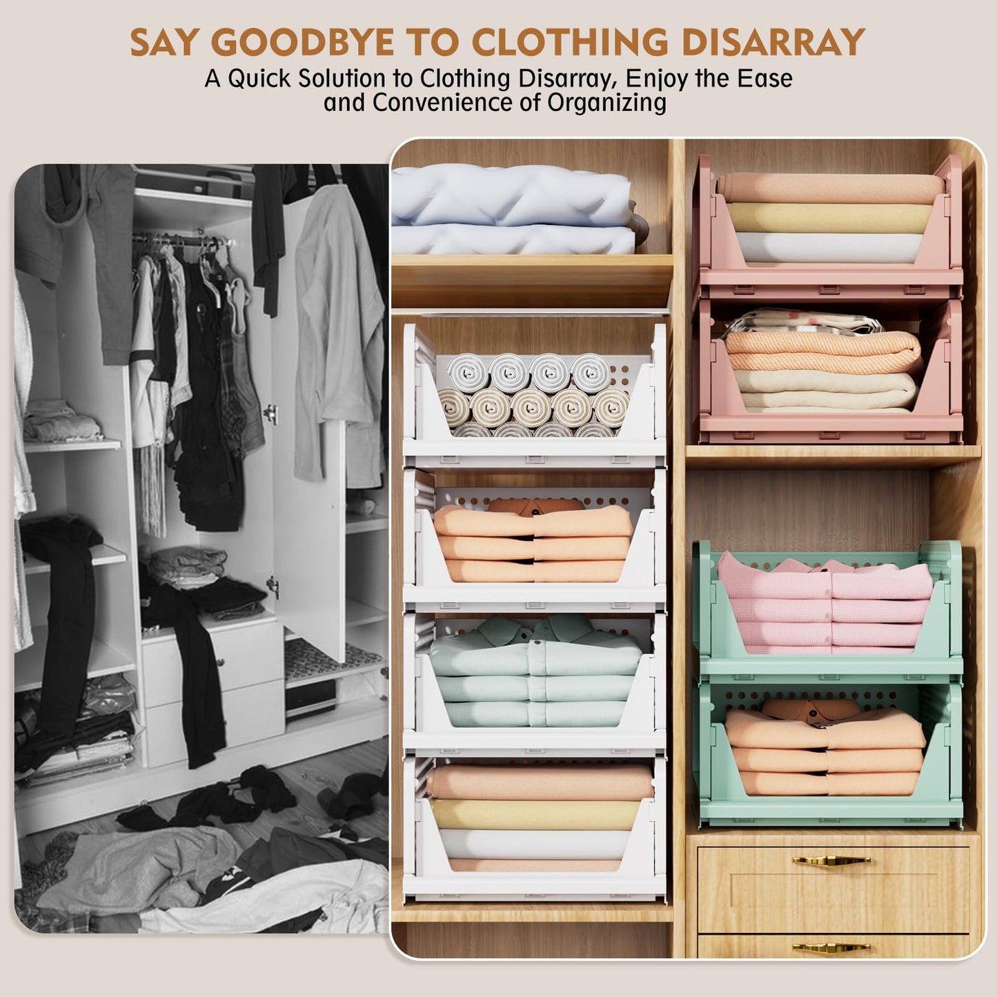 SNSLXH 5 Pack White Stackable Closet Organizer Box, Multifunctional & Foldable Storage Basket for Bathroom, Kitchen, Laundry Room, Wardrobe, Space-Saving Clothes Storage Drawer Organizer