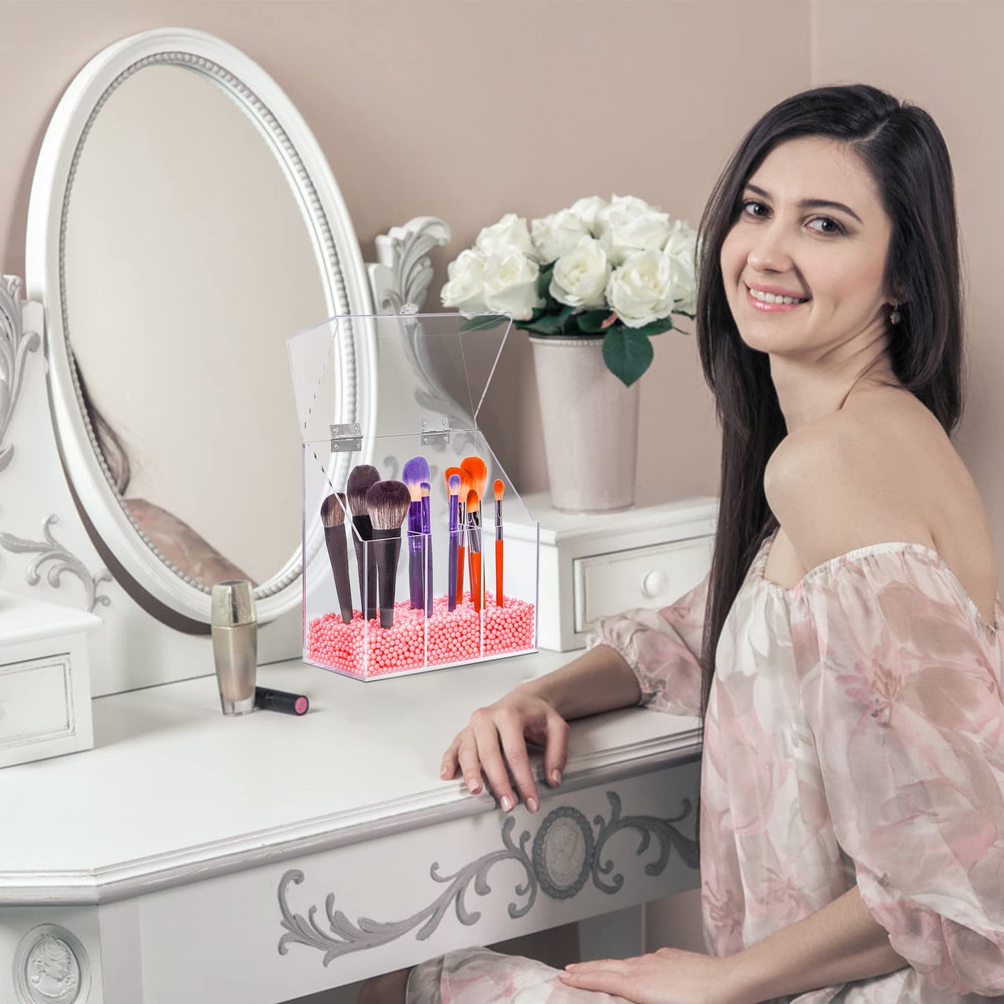 LOHRYVIO Acrylic Makeup Brush Holder with Lid - Clear Cosmetic Make up Brush Organizer and Storage Box with Dustproof Cover for Vanity - Large Capacity 3-Slots Container for Brushes (Clear)