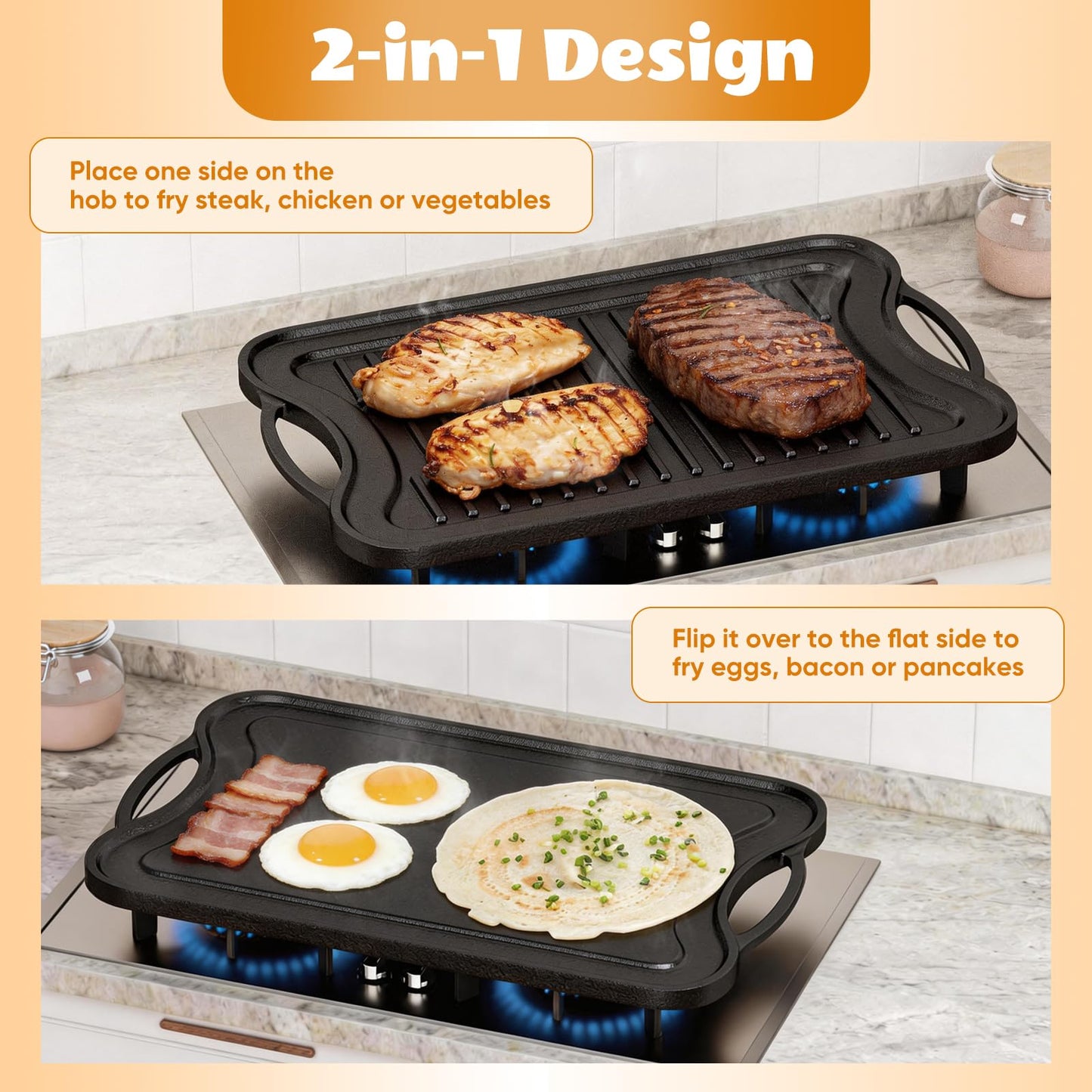 Dayacoco Cast Iron Griddle, Reversible Grill Pan, 16.5" x 9.8" Non-Stick BBQ Grill Pan with Handles, Dual Handle Flat Skillet Pan for Gas Stovetop Open Fire Oven