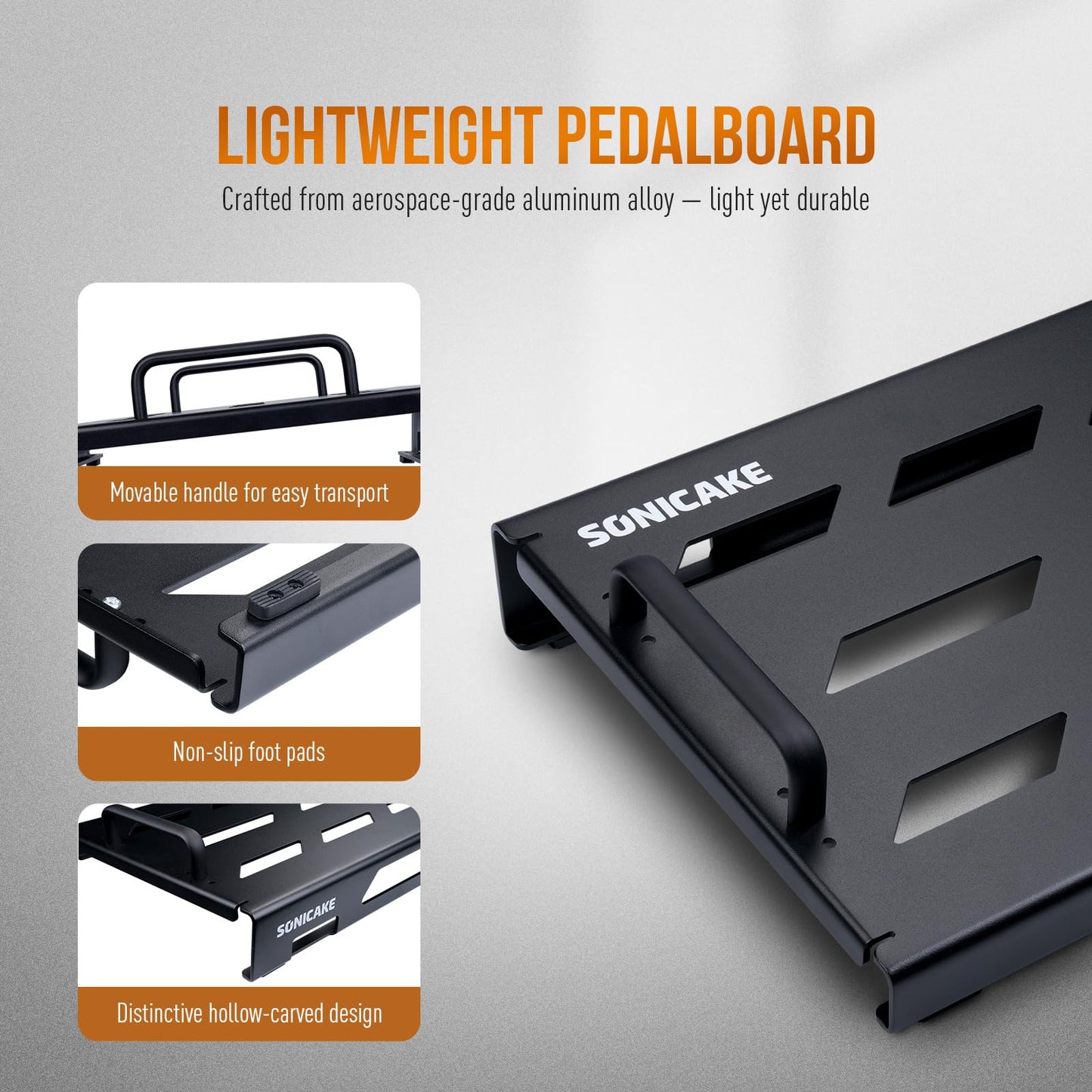 SONICAKE QPB-20 Mini Aluminium Guitar Pedalboard Pedal Board for Guitar Effects 38 x 29 x 6.5 cm with Pedals Ribbon and Black Ties