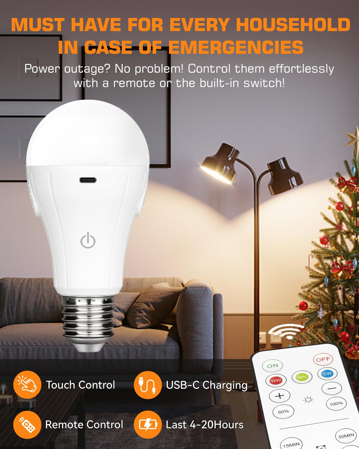 CordlessGlow A19 Rechargeable Light Bulbs with Remote, 3 Color Temperatures + Dimmable Battery Operated Light Bulb, up to 24 Hours