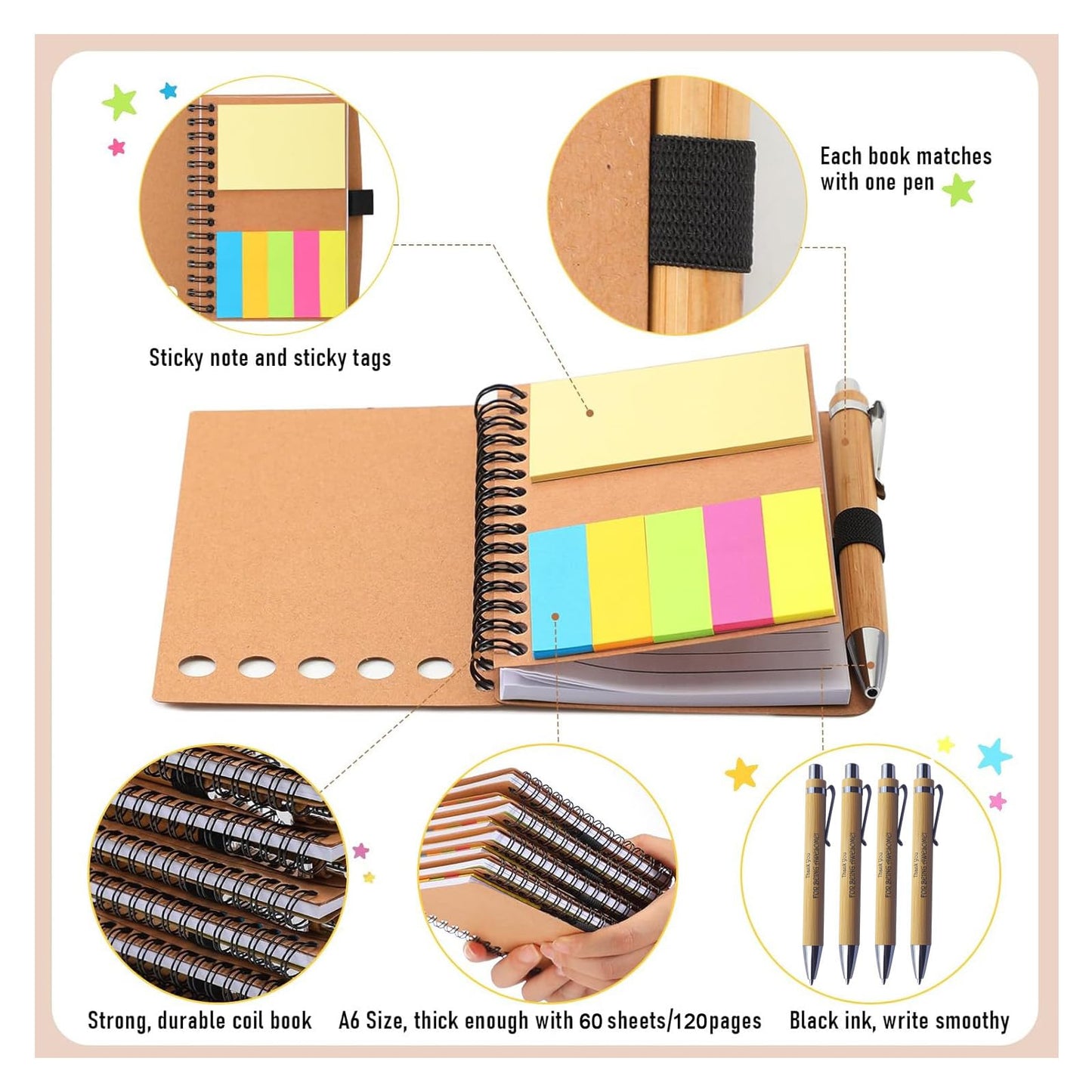 30 Sets Employee Appreciation Inspirational Spiral Notebook Journal with Sticky Note Notepad Motivational Bamboo Ballpoint Pen Bulk for Nurse Teacher Student Coworker Thank You Present (Brown 30Set)