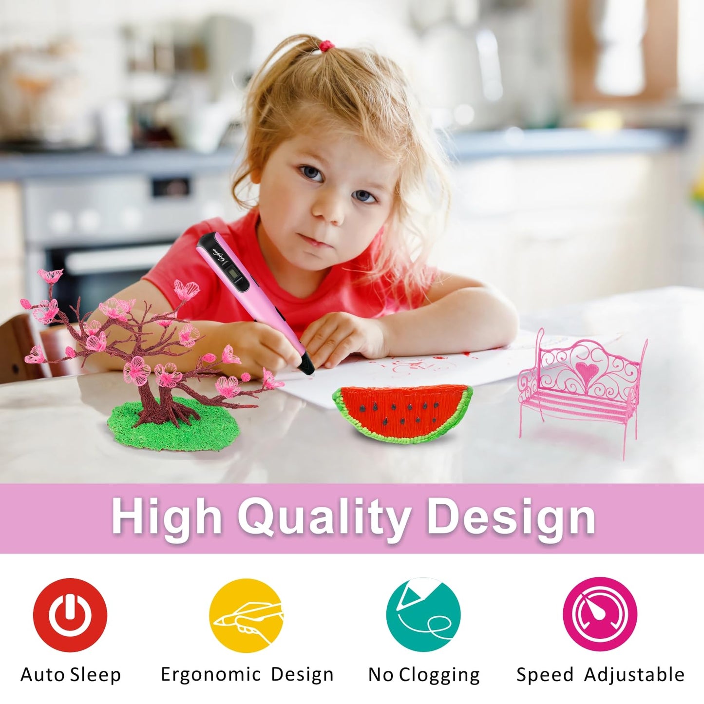 3D Pen for Kids, 3D Printing Pen Printer with 150ft PLA Filament Refills, 3-Dimensional Craft Drawing Art Set, stylo impression enfant 3-D Crayon Pencil Doodler,Gift for Boy Girl Teen 8-12(NP100,Pink)