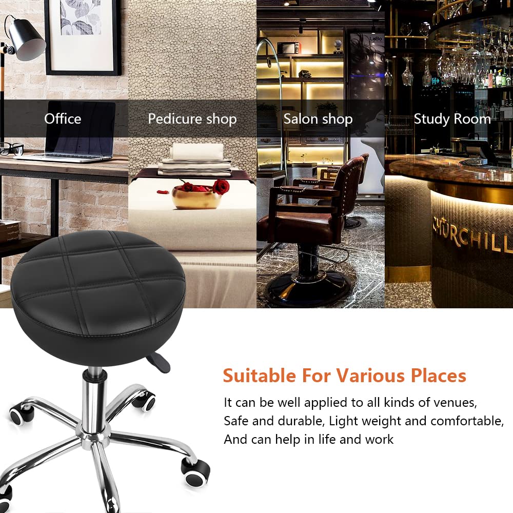 KKTONER Round Rolling Stool PU Leather Height Adjustable Swivel Drafting Work SPA Salon Stools Chair with Wheels (Black)