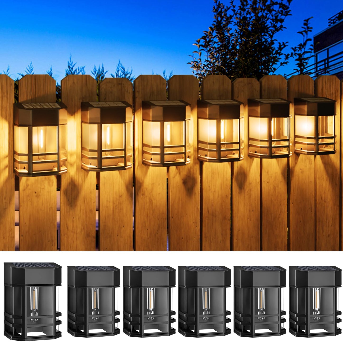 Woolmug Solar Fence Lights Outdoor, 6 Pack Retro Solar Deck Lights Outdoor Waterproof with Edison LED Bulbs, Solar Powered Wall Lights for Garden Fence Post Patio Backyard Decor, Warm White