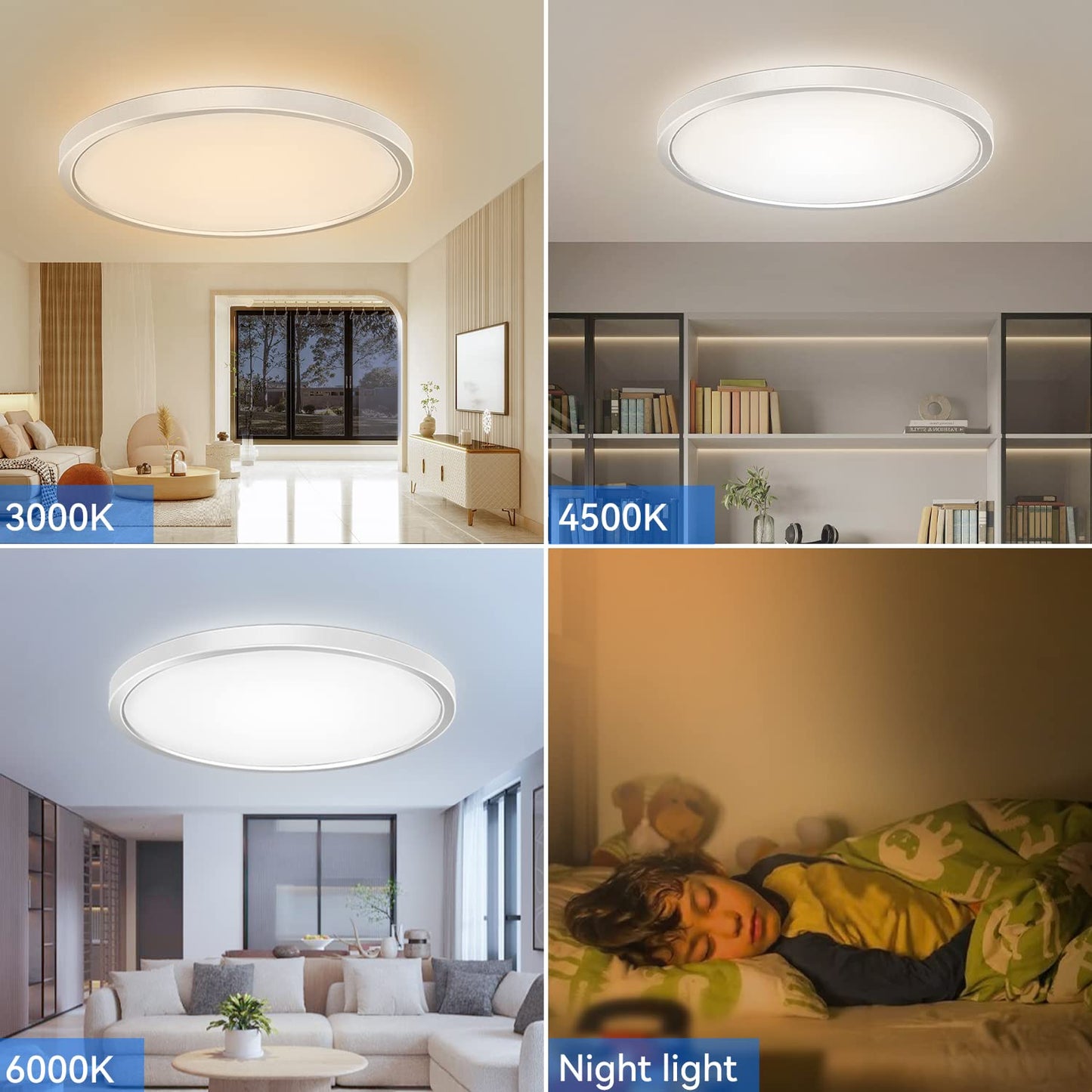 Peasur Flush Mount Ceiling Light Fixture Dimmable, Nightlight 11.6Inch 24W 3200LM LED Ceiling Light with Remote Control, 3000K/4500K/6000K 3 Color Temperatures for Kitchen Bedroom Dining Room-White