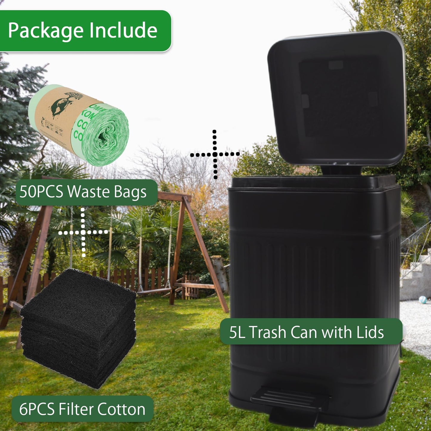 Umtiti 5L Dog Poop Trash Can with Lid for Outdoors，1.3 Gallon Trash Can with Activated Carbon Filter & Plastic Bags, Pet Waste Container，UP5L-BK-Fang