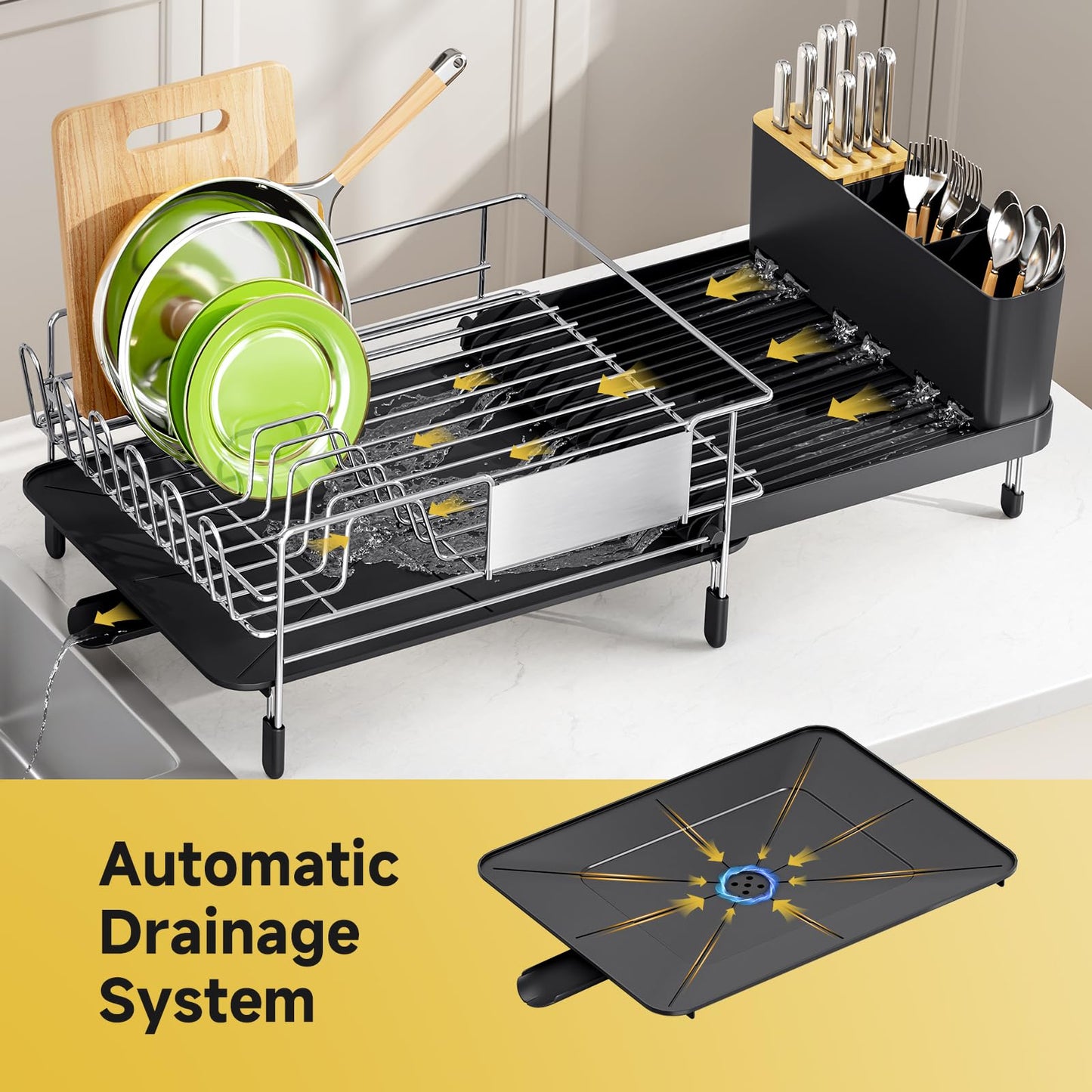 Urackify Expandable Dish Drying Rack Stainless Steel Dish Rack with Drainboard Set Dish Drainer for Kitchen Counter Large Capacity Dish Dryer Rack with 360° Swivel Spout