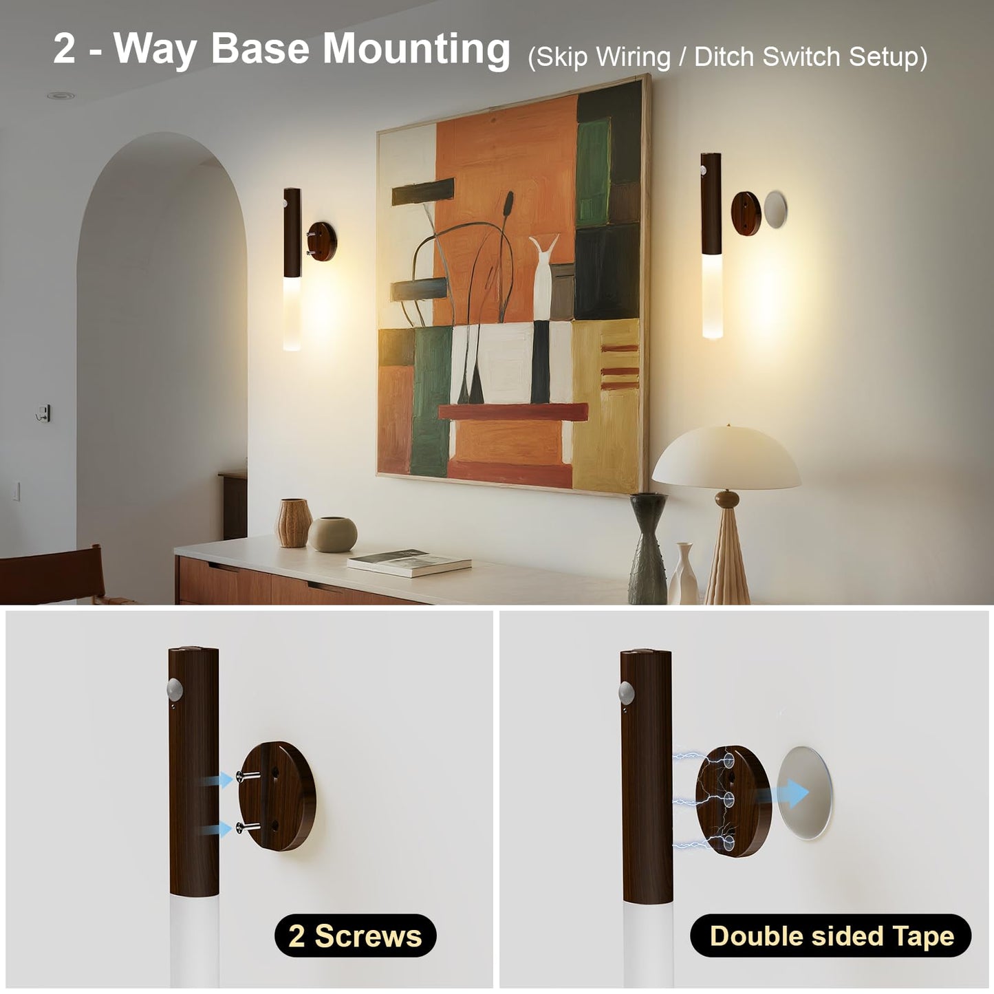 Rechargeable Motion Sensor Light Indoor - 2 Pack Battery Operated Wall Sconces with Magnetic, Wireless Wall Lamp for Bedroom Bedside Stairwell Hallway Porch Picture Lighting