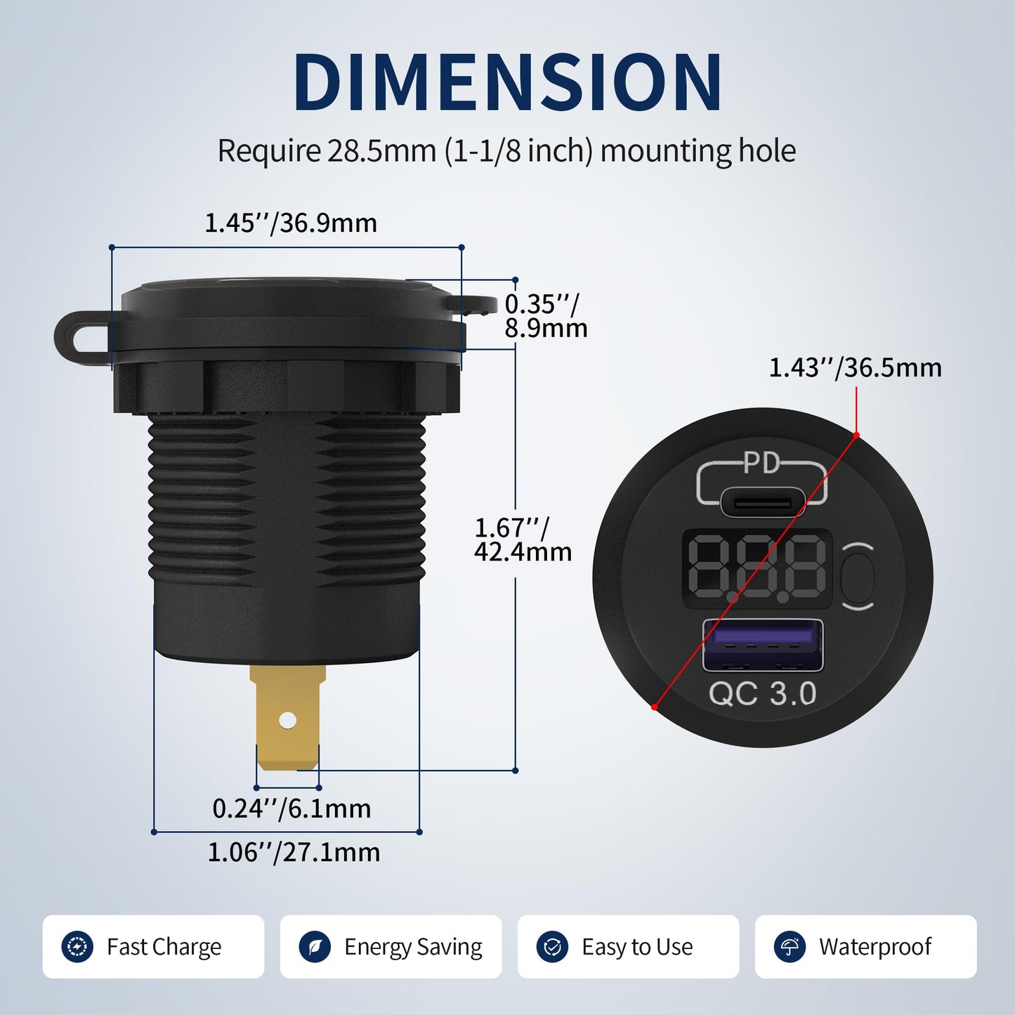 DaierTek 12V USB C Car Charger Socket, 12V USB Outlet, 48W PD Type C & QC 3.0 12 Volt Dual USB Charging Socket Port Waterproof with Voltmeter & ON/Off Switch for Car Marine Boat Golf Cart -3Pack