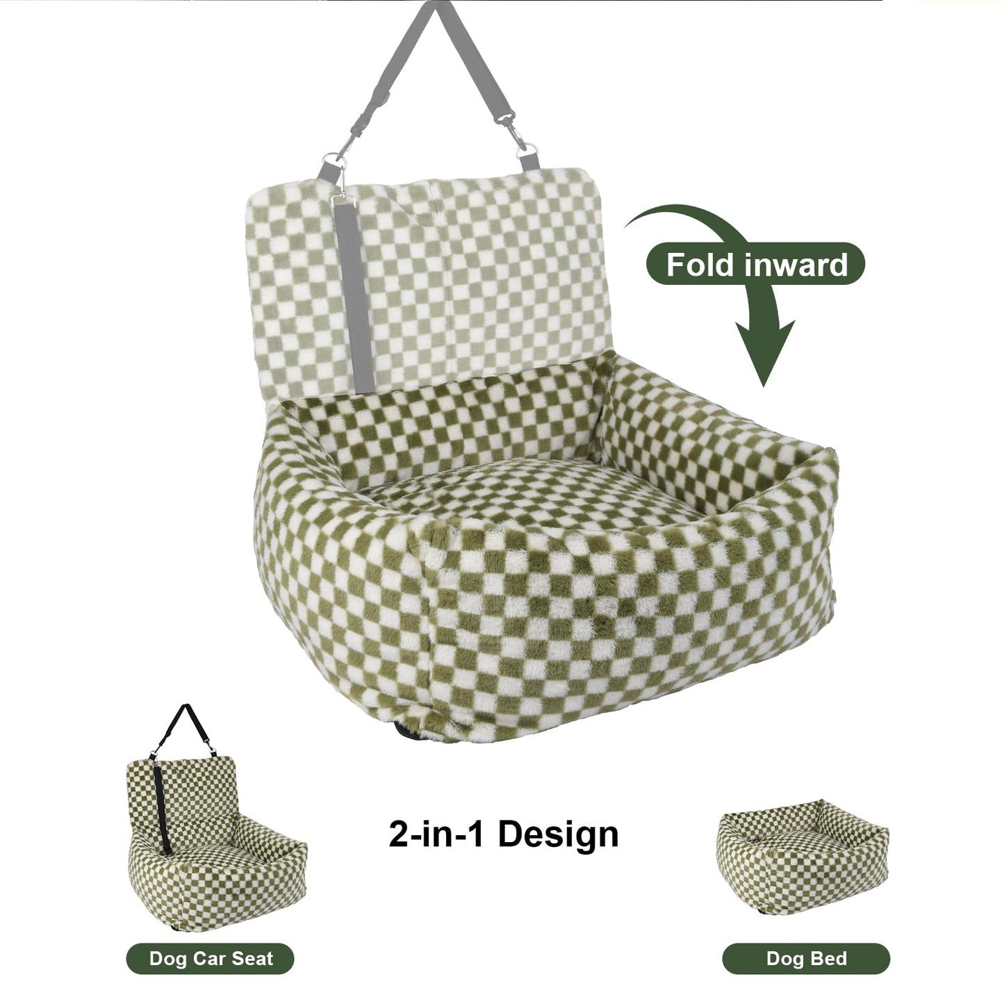 2-in-1 Dog Car Seat for Small Medium Dogs,Detachable Washable Dog Booster Car Seat with Thick Cushion for Dogs Up to 30lbs,Comfortable Soft Dog Bed for car with Safety Belts,Green