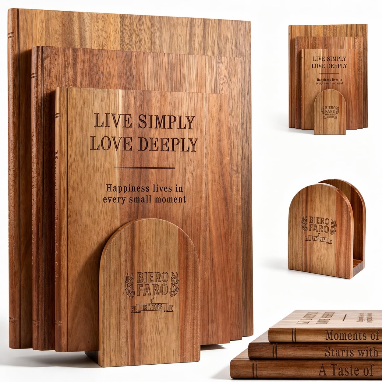 Book Cutting Board Set of 3 with Stand - Bierofaro Acacia Wood Chopping Boards for Kitchen, Decorative Book-Shaped Wooden Board for Cheese, Bread, Meat & Serving - Housewarming Gift