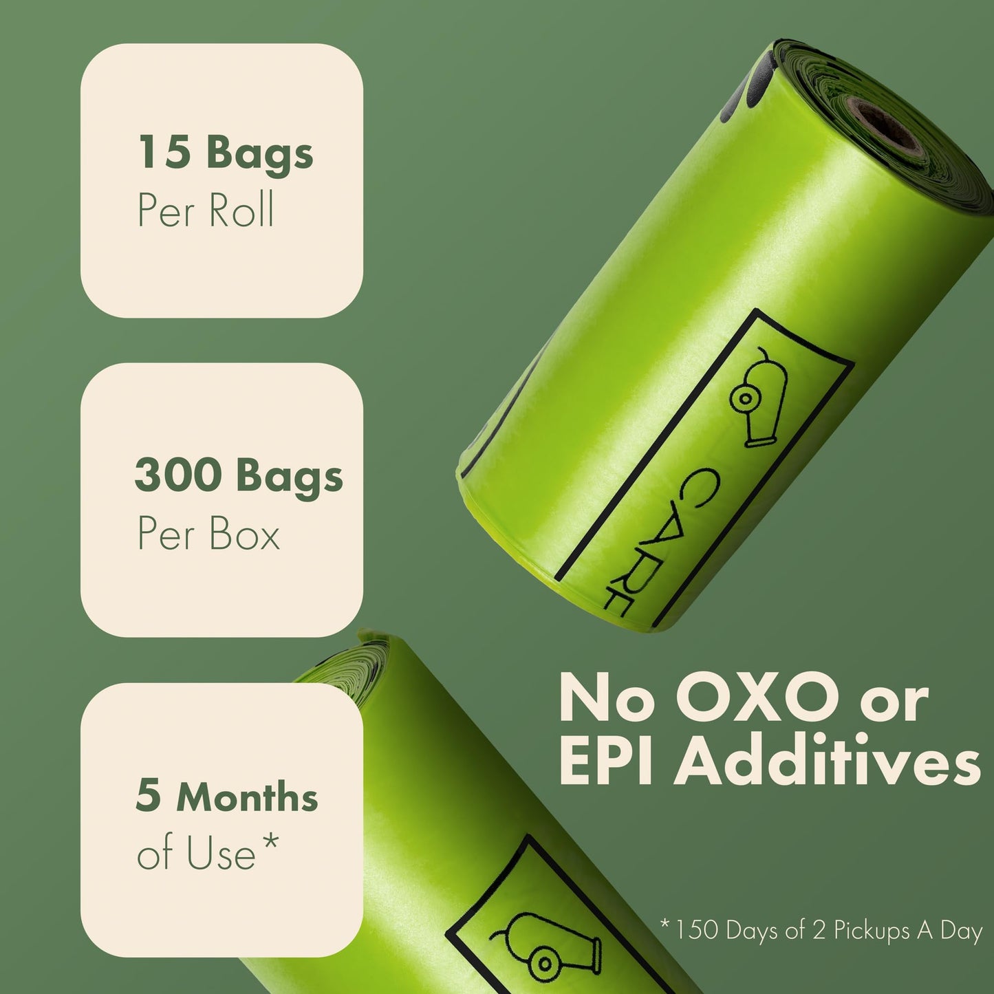 Carrywell (Not Made In China) 100% Certified Compostable Dog Poop Bags, Plant Based Dog Poop Bags, Corn Starch and PBAT, EN 13432 and TUV Austria certified, 300 Unscented Bags (15 Rolls), Green