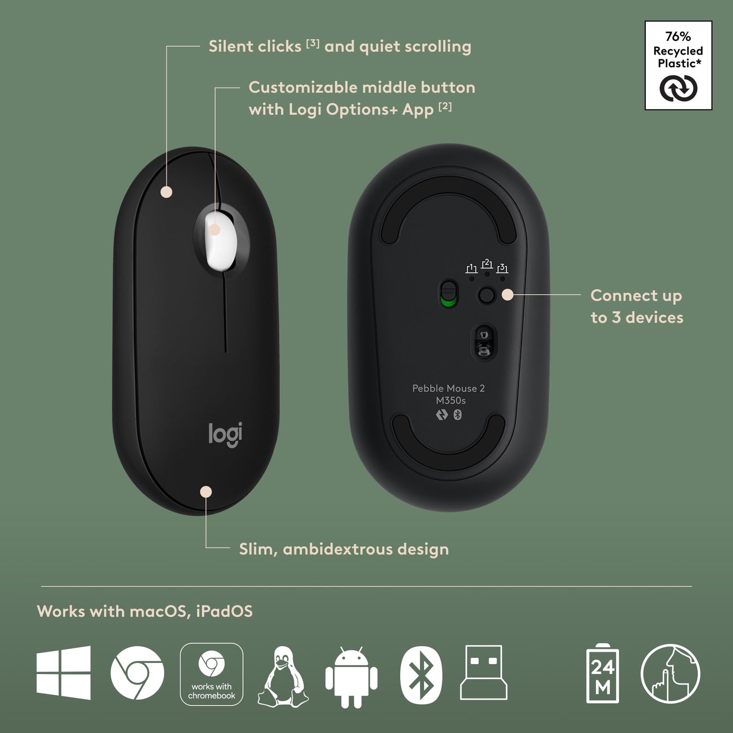 Logitech Pebble 2 Combo, Wireless Keyboard and Mouse, Quiet and Portable, Customizable, Logi Bolt, Bluetooth, Easy-Switch for Windows, macOS, iPadOS, Chrome - Black