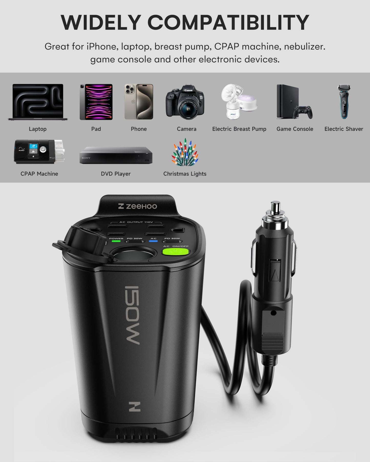 150W Car Power Inverter, 12V DC to 110V AC Car Plug Adapter Outlet Converter, with 2 AC Outlets, A 18W USB A and Dual 30W PD Car Charger, for Laptop Computer - Black