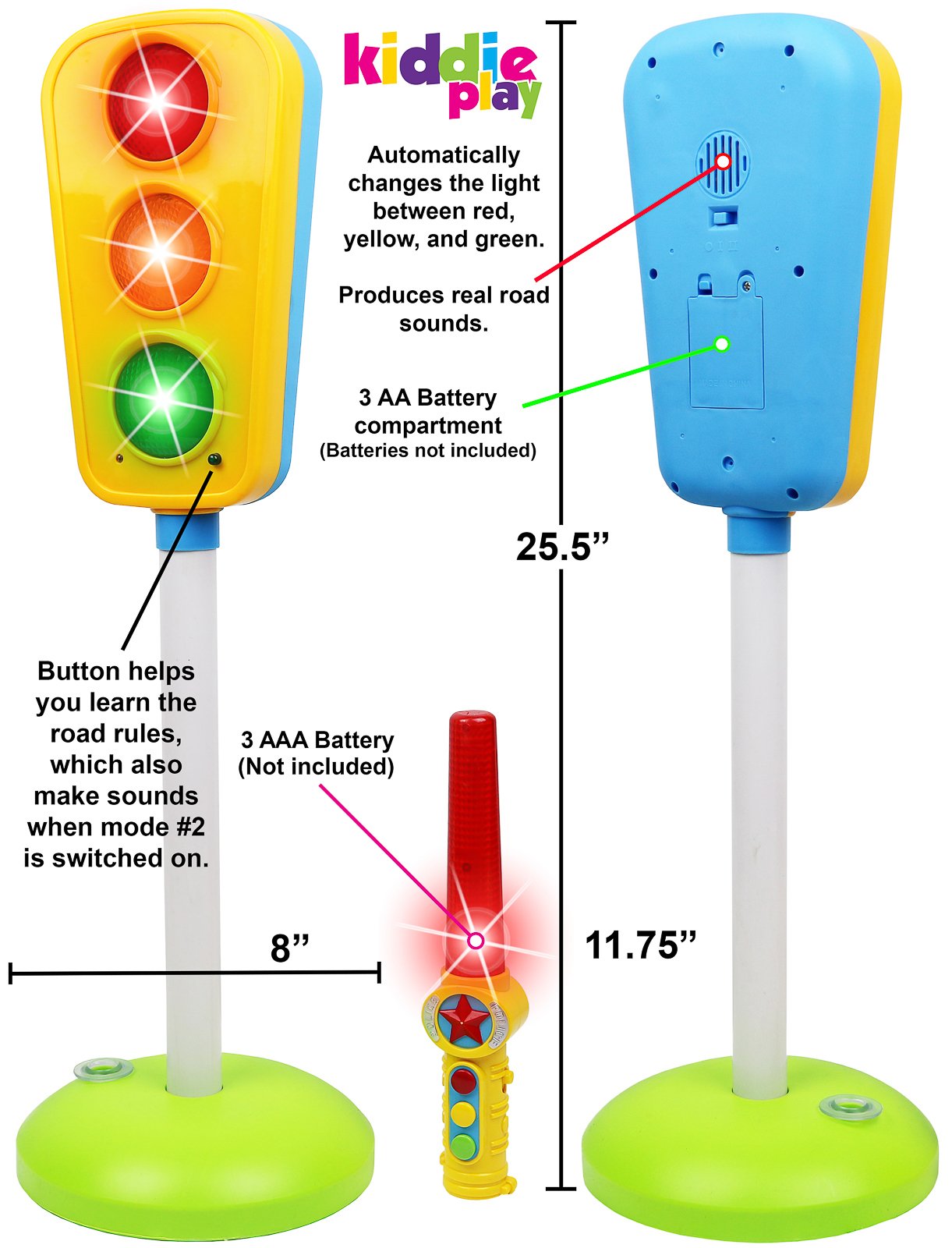Kiddie Play Traffic Light Toy for Kids Cars and Bikes with Real Working Lights and Sounds Teaches Safety Rules Educational Stop and Go Signal for Toddlers and Preschoolers