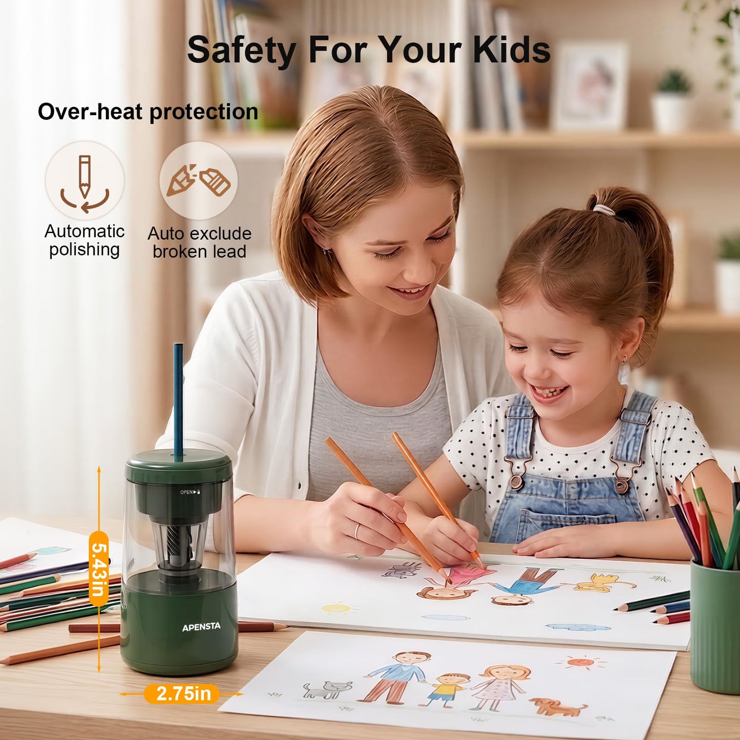 Apensta Electric Pencil Sharpener, Auto in & Out, Adjustable Tip