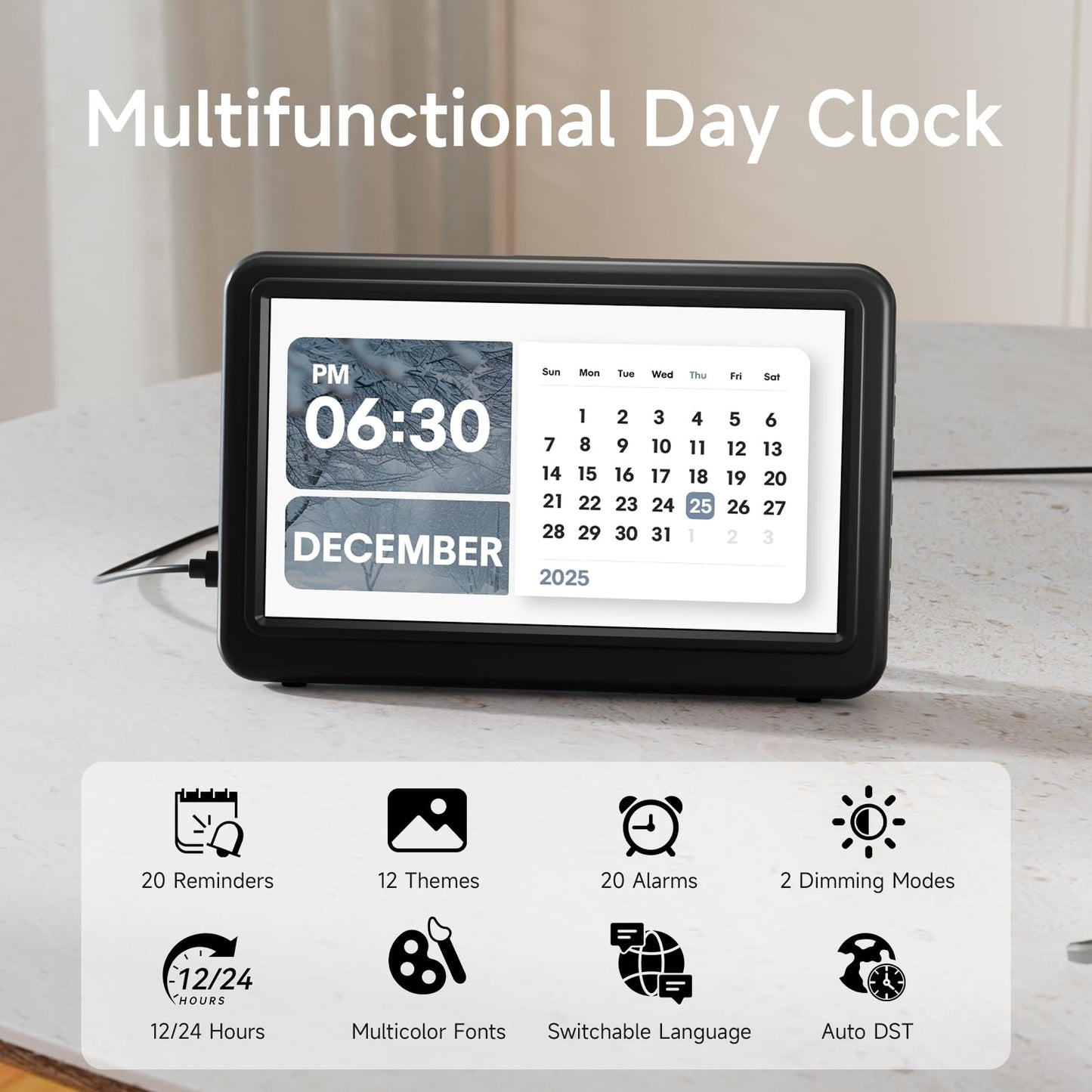 Raynic Date Clock, 7 Inches Digital Calendar Clock with 12 Themes, 20 Alarms, 20 Reminders, Semi-Automatic Dimming, 12/24 Hours, Auto DST for Desktop, Office, Students