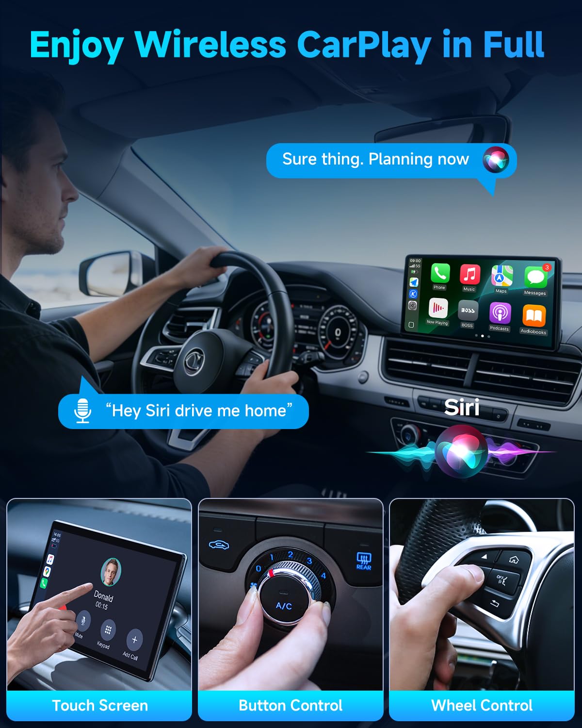 Ultra Mini Android Auto & CarPlay Wireless Adapter, One-Click Switch, 3s Auto Reconnect，Latest A9 Chip 5.8GHZ WiFi, 5.4 Bluetooth, USB-C/USB-A/Extension Cable, Compatible with iOS10+, Android 10+