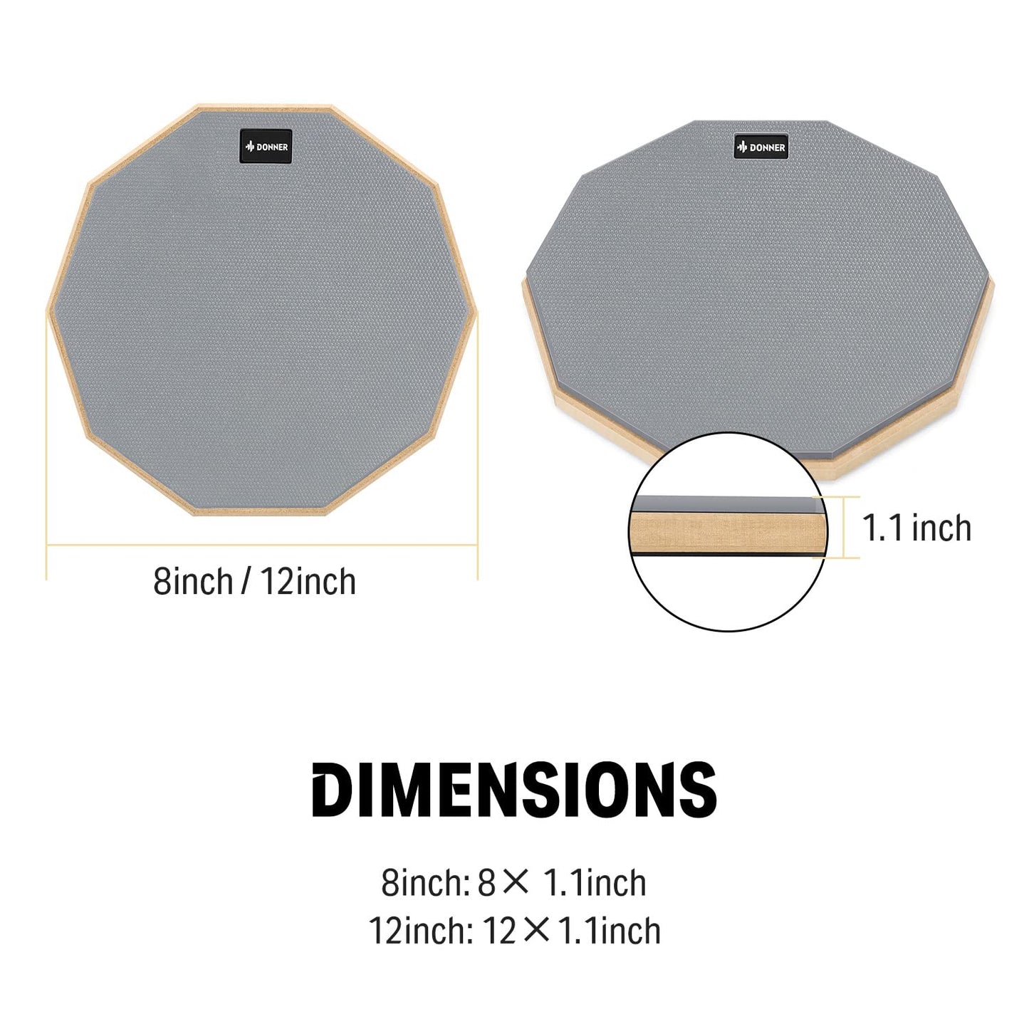 Donner Drum Practice Pad，12 Inches Silent Practice Drum Pad 2-Sided With Drum Sticks - Gray