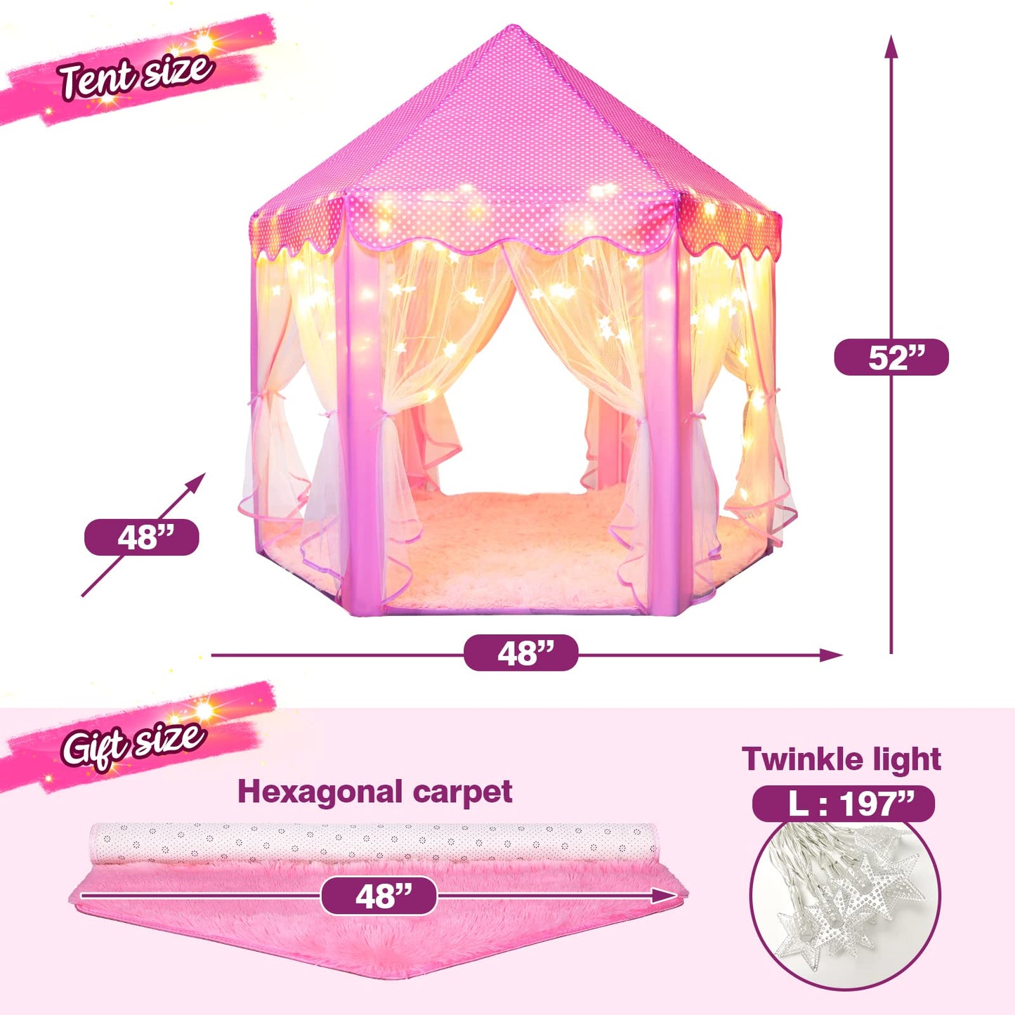 SISTICKER Princess Tent for Girls Kids Play Tent with Star Lights and Mat Toddlers Tent Kids Playhouse Indoor and Outdoor Toys for Girls (Princess Tent with mat)