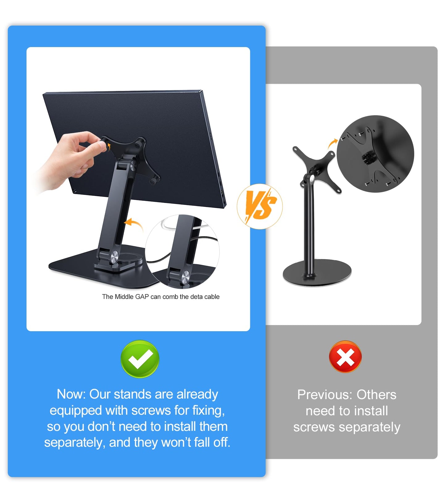 JUNEBOX Portable Monitor Stand VESA 75x75mm Holes M4 Anti-Loss Screws, Aluminum Alloy Base, Fits 7"- 18", 15.6" 16" 17" 17.3" 18" Inch Small Monitors Lay Flat, Black Desk Mount (Not Fits100x100mm)