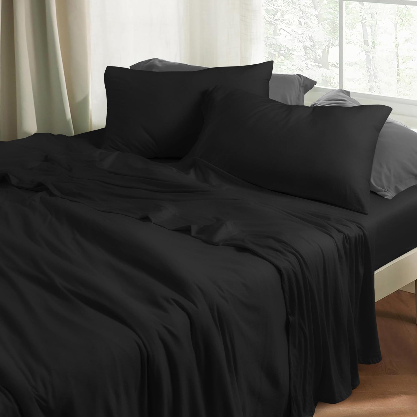 EnvioHome 100% Cotton Jersey Knit King Sheet Set - 4 Piece, Ultra Soft T-Shirt Feel, All Season, Breathable King Sheets, Snug Fit (Deep: 15") - Black
