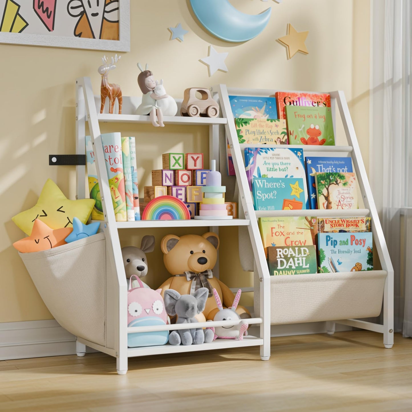 LATIBELL 3 Tier Kids Bookshelf and Toy Storage, Book Sling Shelf, Montessori Baby Toddler Bookshelf for Kids Bookcase, Toy Storage Organizer, for Playroom, Bedroom, Nursery (White)