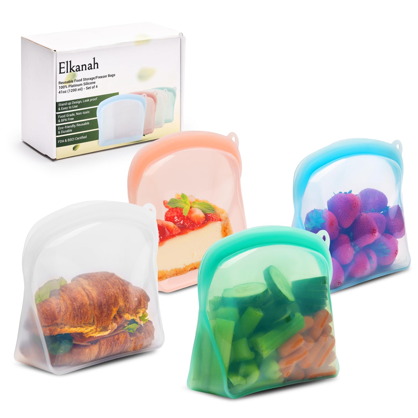 Elkanah 1200ml Reusable Silicone Freezer Bags Food Storage Bags Soup Bags Snack Bags | Platinum Silicone | Leak Proof Airtight Double Zipper | Oven, Microwave and Dishwasher Safe
