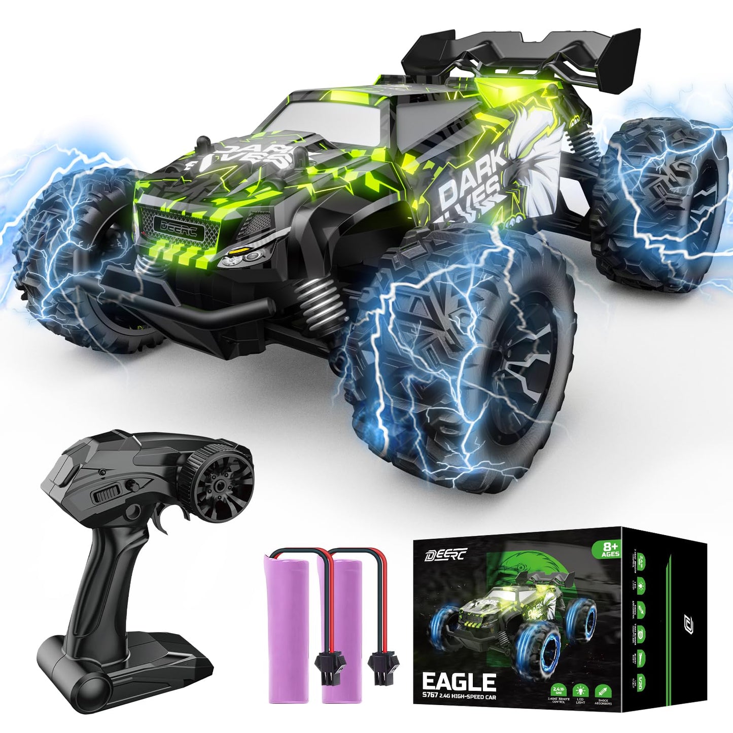 DEERC RC Car W/LED Car Shell, 2.4GHz Remote Control Cars, All Terrain RC Truck W/ 2 Rechargeable Batteries, 40 mins Playtime, Rock Crawler, Monster Truck Gift Toys for Beginners Kids Boys Adults