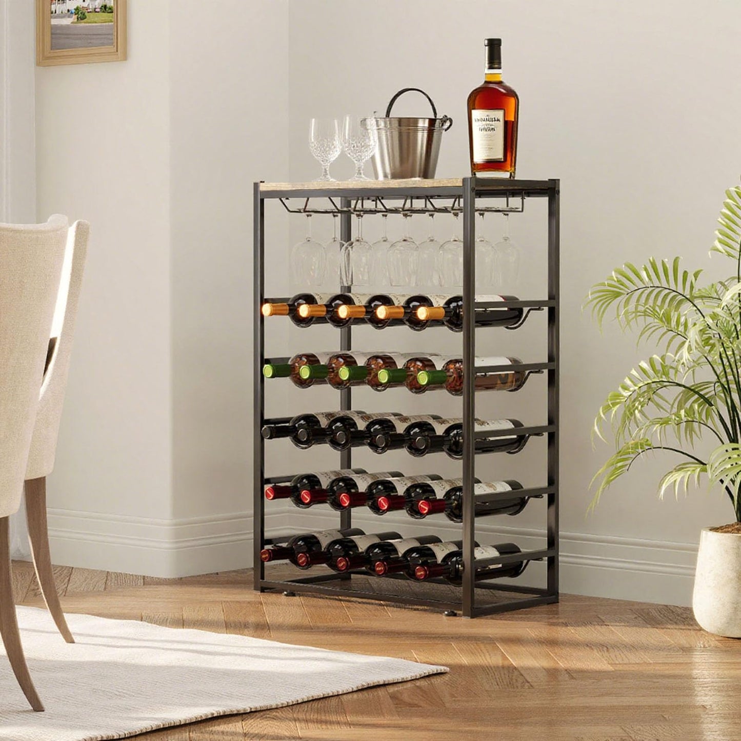Urban Deco Wine Rack Free Standing Floor for 30 Bottles, 6-Tier Wine Bottle Holder with Metal Frame and Wooden Tabletop, Liquor Shelf for Kitchen Bar Dining Room Living Room, Black