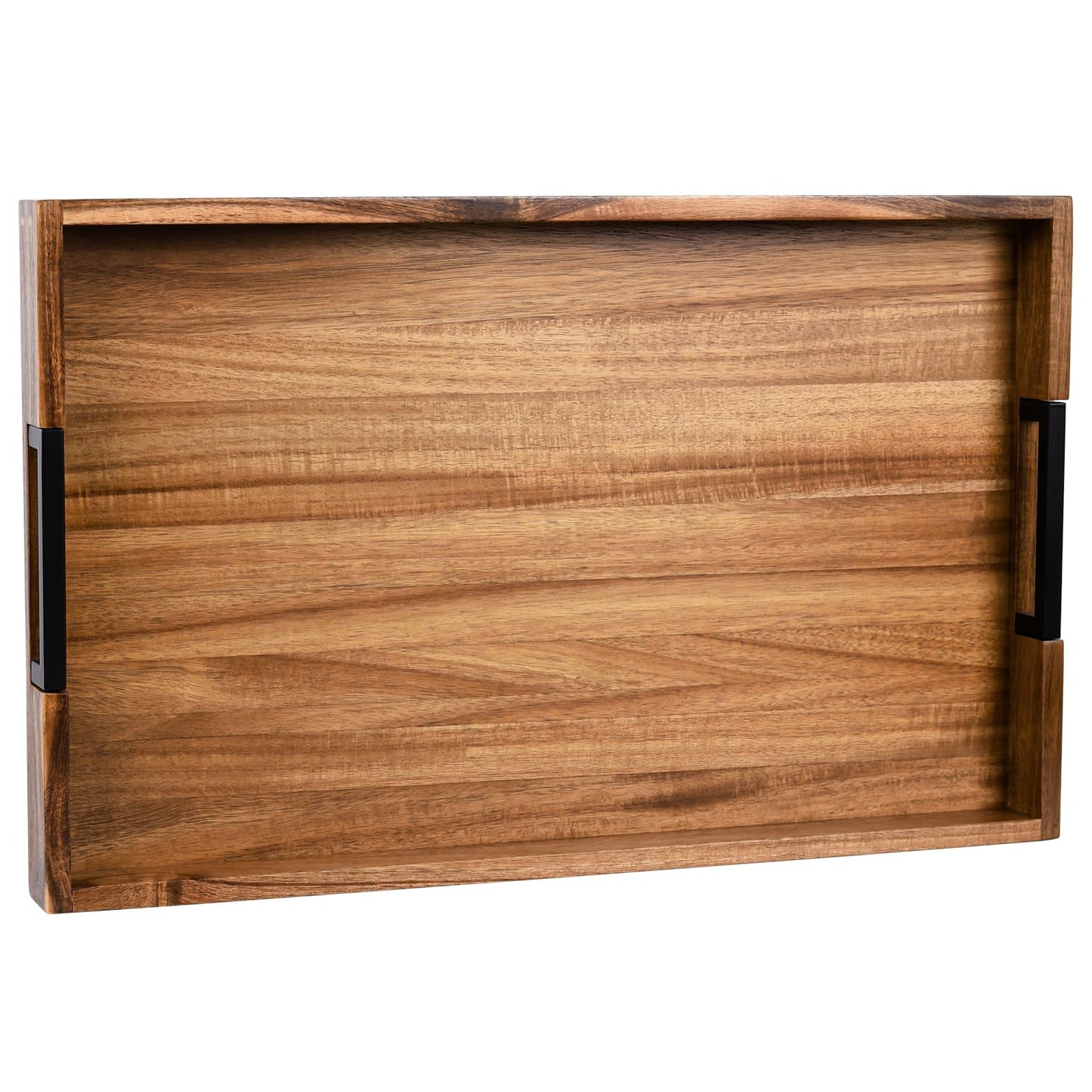 Large Ottoman Tray for Living Room and Coffee Table, Decorative Acacia Wood Serving Tray with Handles for Breakfast in Bed, Dinner Food Kitchen TV (Natural, 61 x 38 x 5 cm)