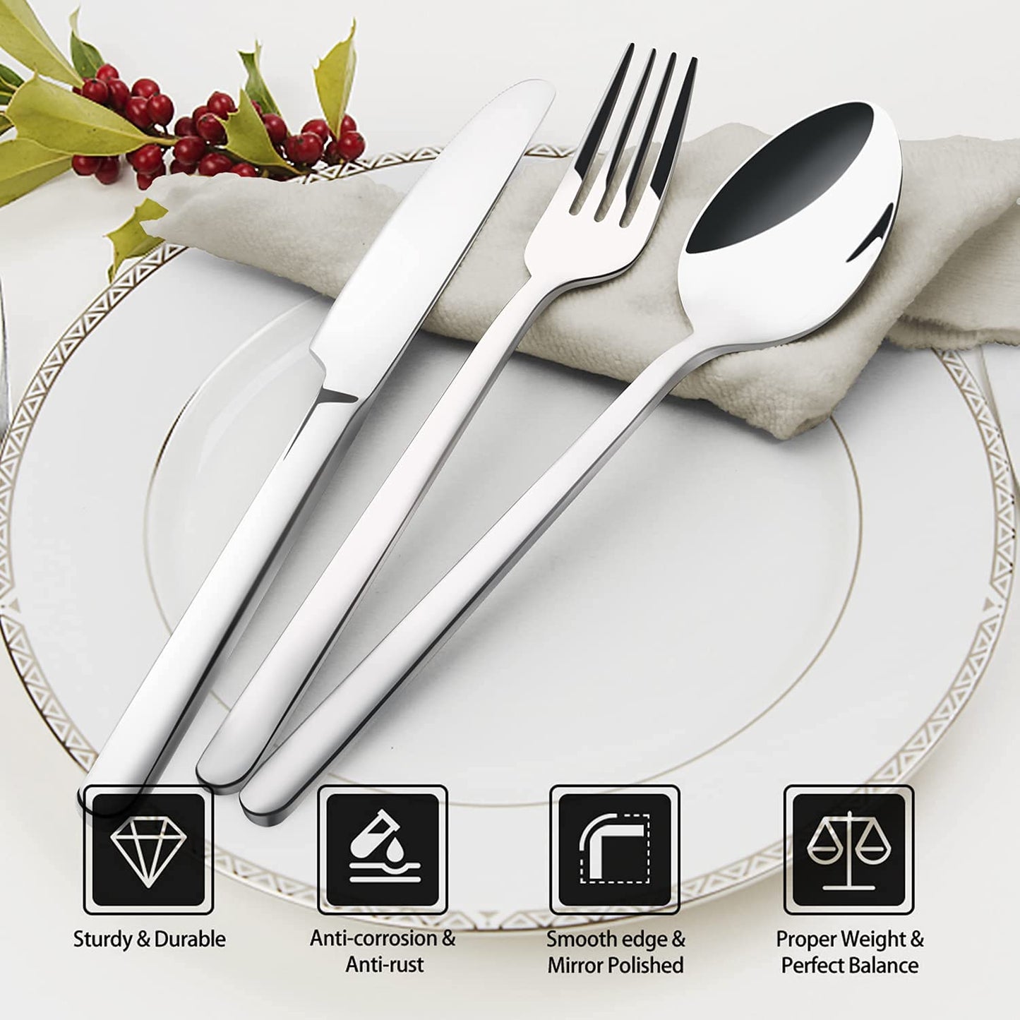 KINGSTONE Silverware Set, 20 Piece Flatware Cutlery Set for 4, 18/10 Stainless Steel Silverware Mirror Polished Dishwasher Safe for Home, Restaurant, Wedding, Party