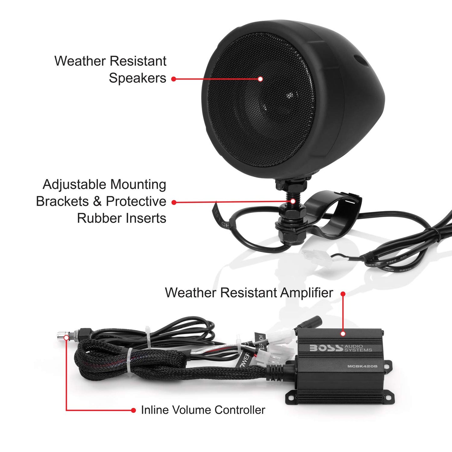 BOSS Audio Systems MCBK420B Motorcycle Bluetooth Speaker System - Class D Compact Amplifier, 3 Inch Weatherproof Speakers, Volume Control, Great for Use with ATVs/Motorcycles, 12 Volt Vehicles