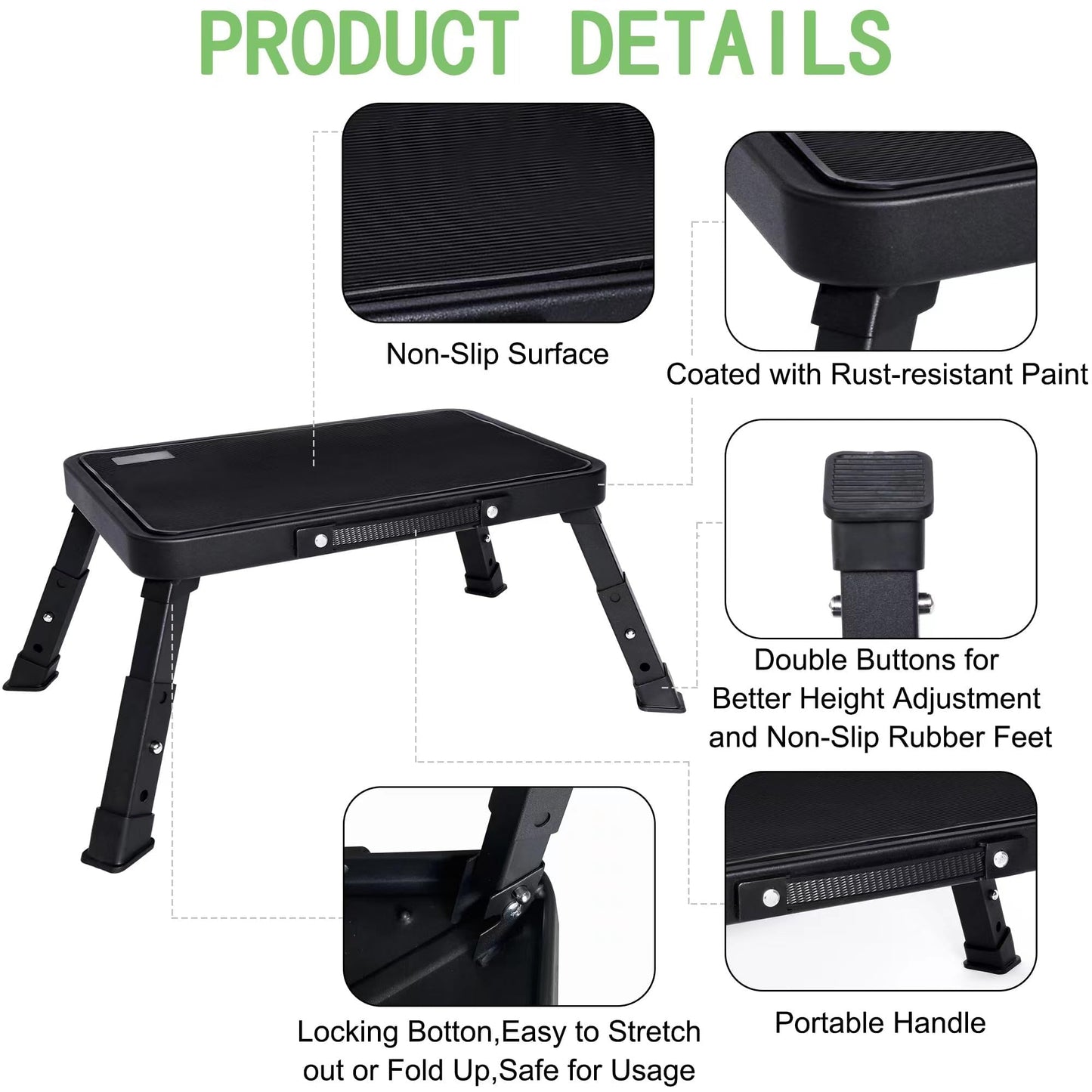 IKKAKOI Folding Step Stool, Height-Adjustable Step Stool with Non-Slip Platform, Step Ladder for Adults or Kids in Kitchen, Home, 500 Lbs Capacity(Black)