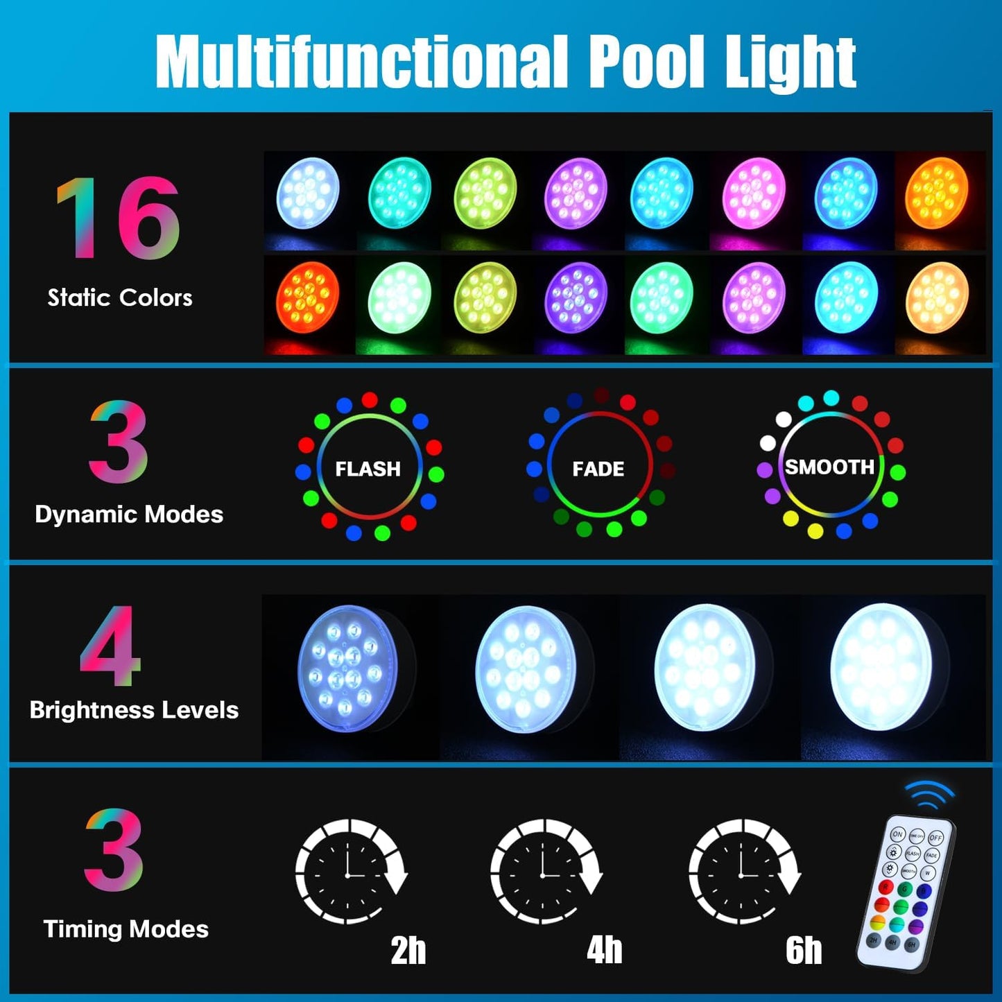 Pool Lights Rechargeable Underwater Above Ground - Submersible LED Lights Waterproof IP68 with Remote/Timer, Hot Tub Pond Lights with 16 Color RGB for Pond, Backyard, Party, Vase (4 Pack)