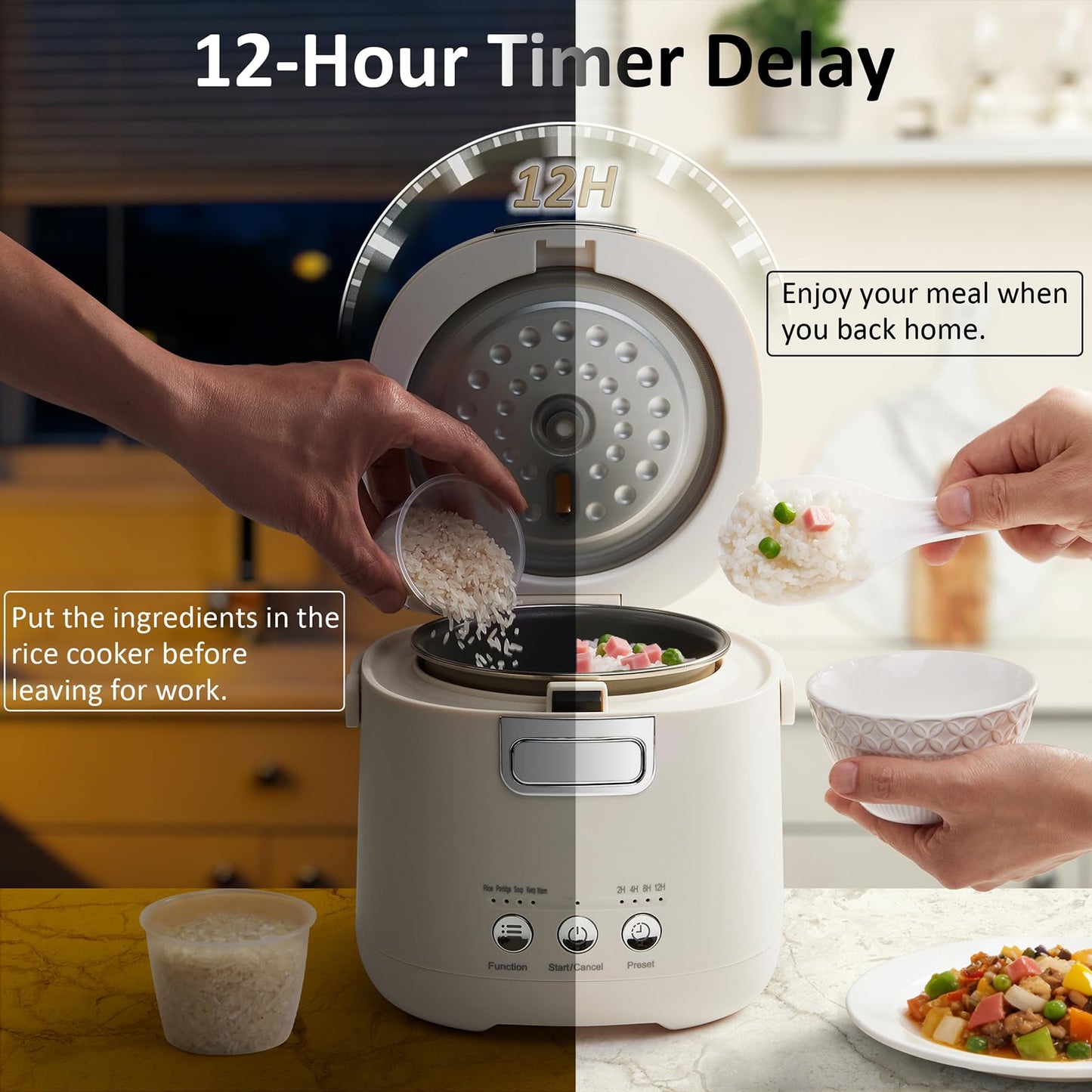 Rice Cooker Small – Mini Rice Cooker 2 Cups Uncooked – 1.2 Quarts Portable Rice Maker with Non-Stick Coating, BPA Free, 12-Hour Timer Delay & Auto Keep Warm & One-Touch for Dorm Office Travel 1-2 Person (Beige)