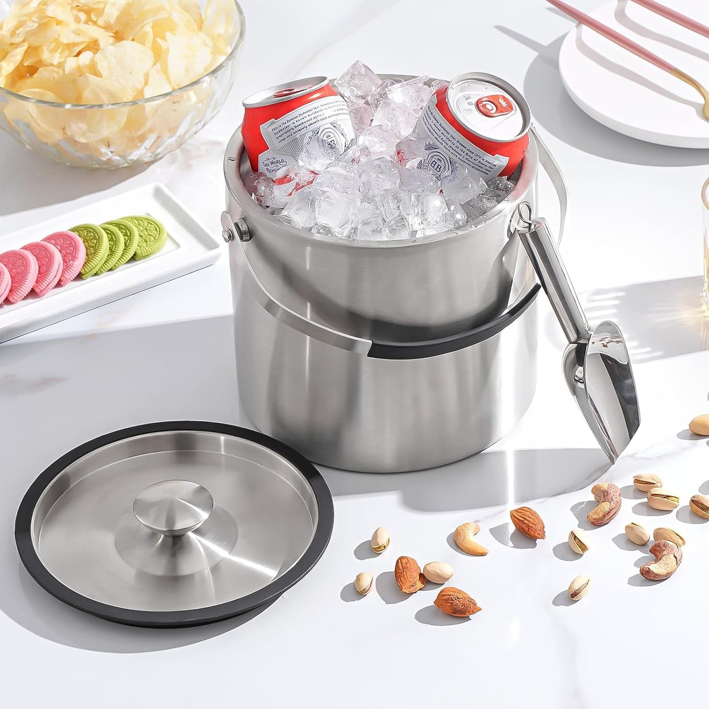 Ice Bucket with Lid and Scoop, 3.2L Double Wall Insulated Stainless Steel Ice Bucket Champagne Bucket for Cocktail Bar and Parties