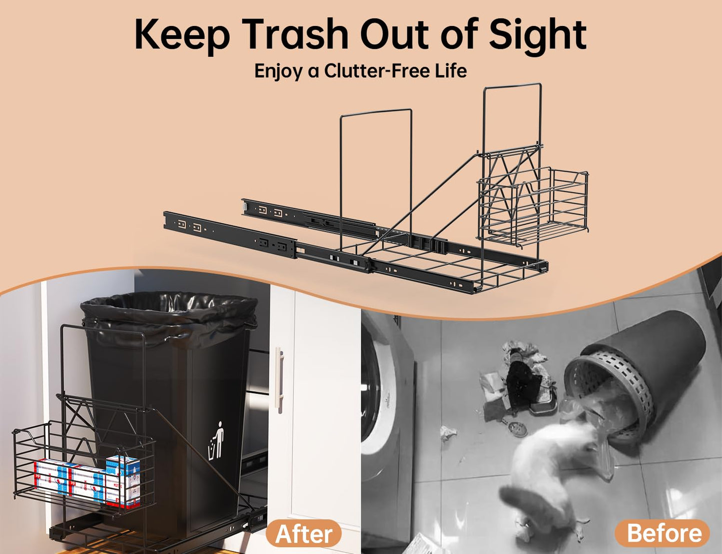 Cabinet Trash Can Pull Out Kit with Removable Garbage Bag Holder Under Sink Trash Can Pull Out Slider for 28–44 Quart Cans Up to 125 lb (Can Not Included) (Black)