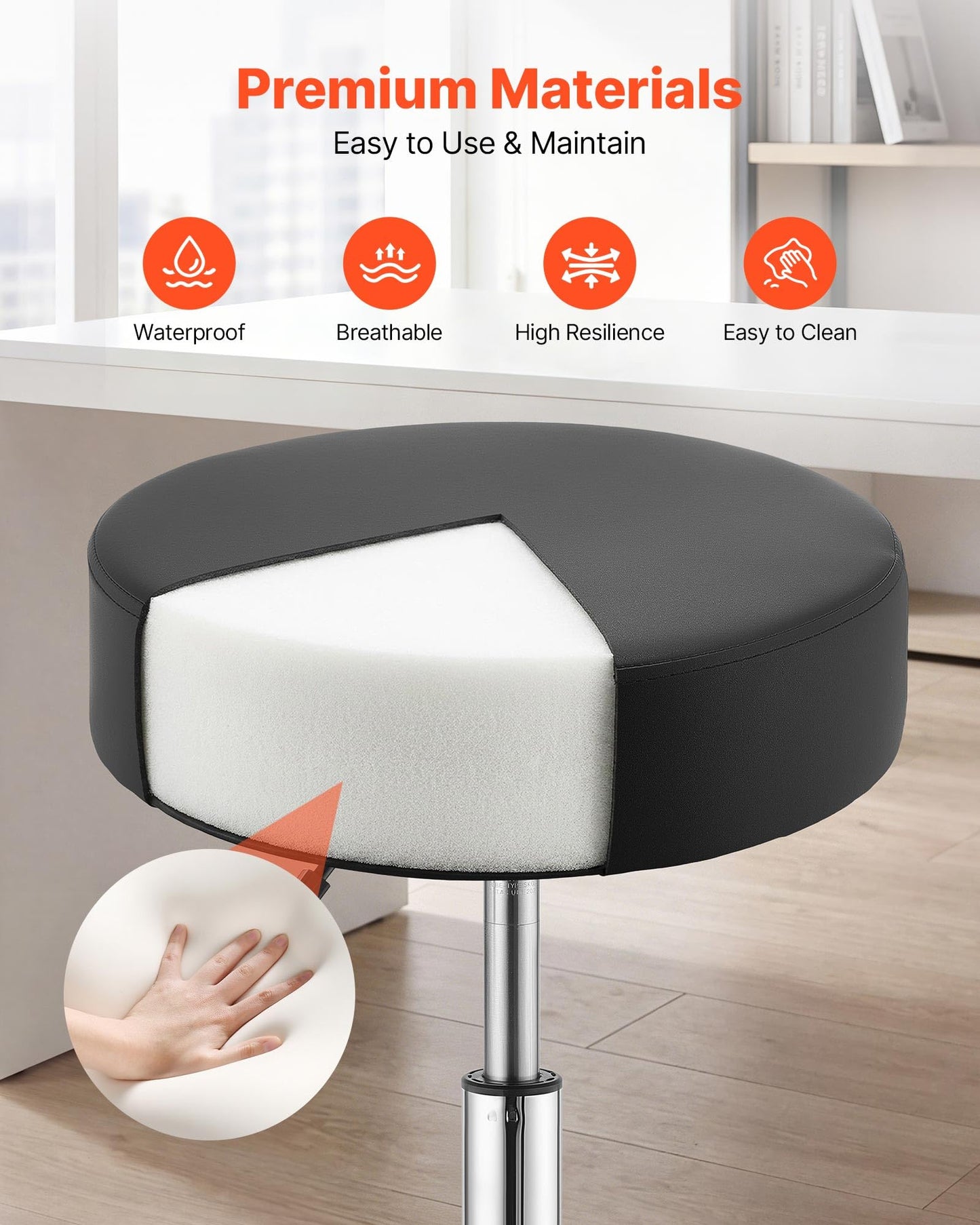 VEVOR Rolling Stool with Wheels, 500 lbs Weight Capacity, Height Adjustable, Thick Cushion Ergonomic PU Leather Seat, 360° Swivel Round Rolling Stool Chair for Salon, Spa, Clinic, Medical, Black
