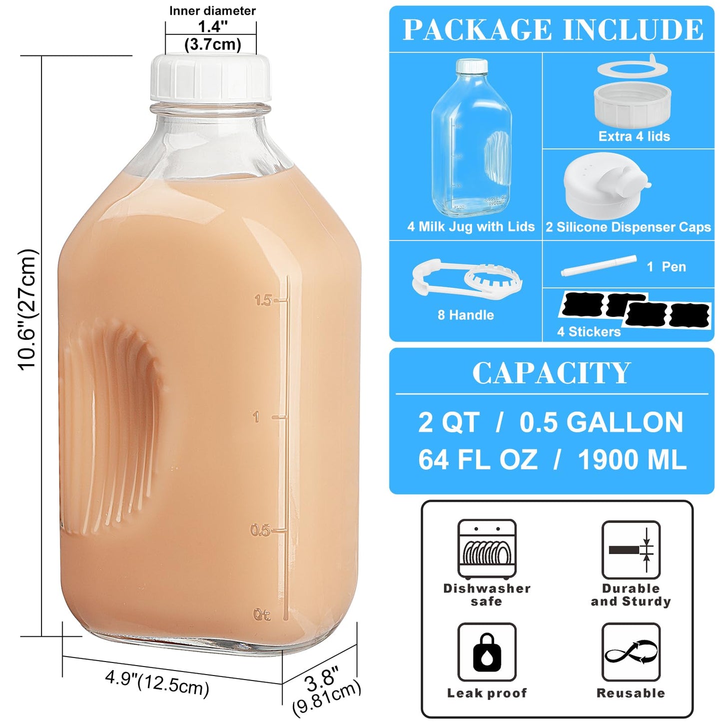 Syntic 4 Pack Glass Water Bottles for Fridge, Half Gallon Milk Jugs with Airtight Lids, 64 Oz Water Bottles, Juice Jugs, Extra Lids, 2 Silicone Dispenser Caps, Stickers, Gaskets and Handles