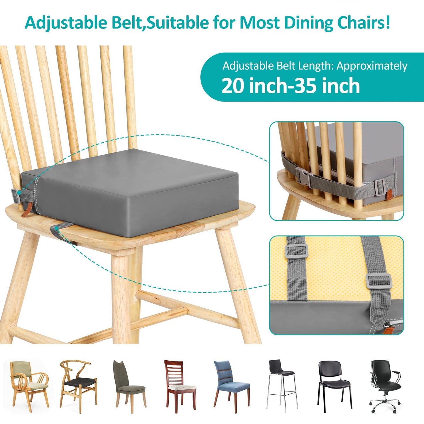 YONTINY Booster Seat for Eating Toddler, Washable PU Kitchen Chair Booster Seat with Double Adjustable Safe Straps, Non-Slip Bottom, Baby Portable Travel Camping Increasing Cushion