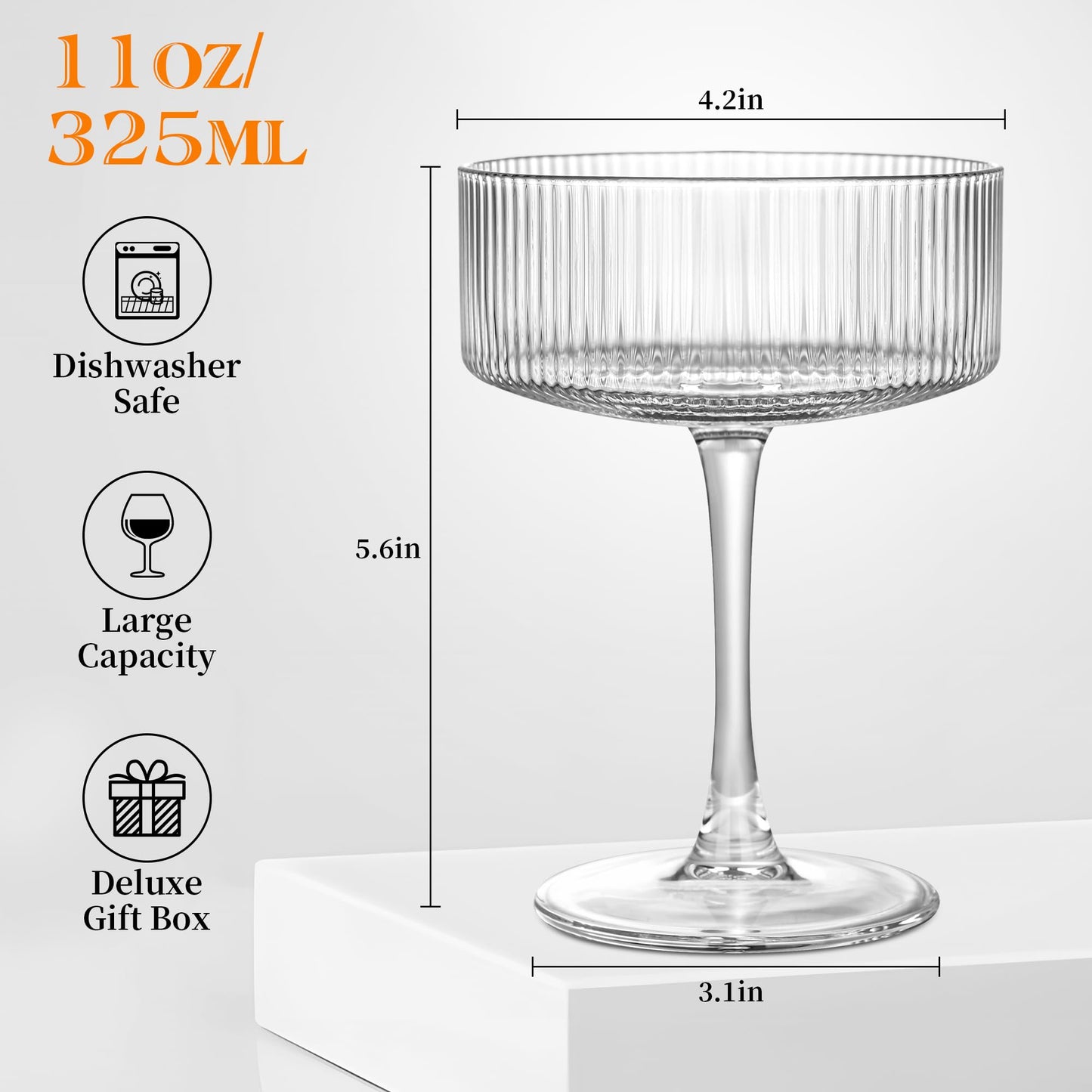 AMYOOLE Vintage Ribbed Coupe Glasses Set of 6-11oz Clear 100% Crystal Martini Glasses Elegant Cocktail Glasses, Transparent Glassware for Champagne, Margaritas, Espresso Comes with a Rose Ice Mold.