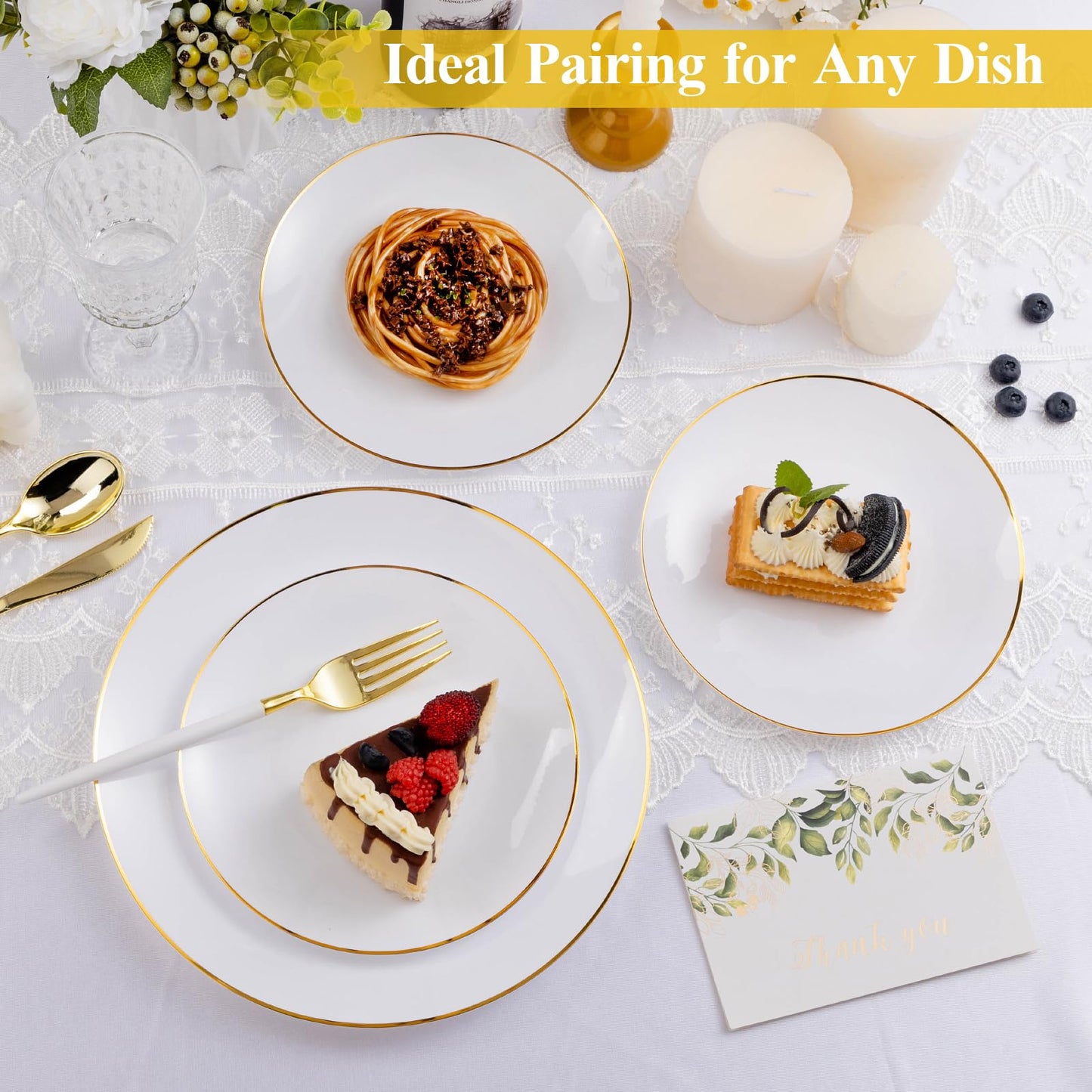 Goodluck 100PCS White Plastic Plates with Gold Rim, White Gold Disposable Plates for Party, Wedding, Include 50 Dinner Plates, 50 Dessert Plates for 50 Guests