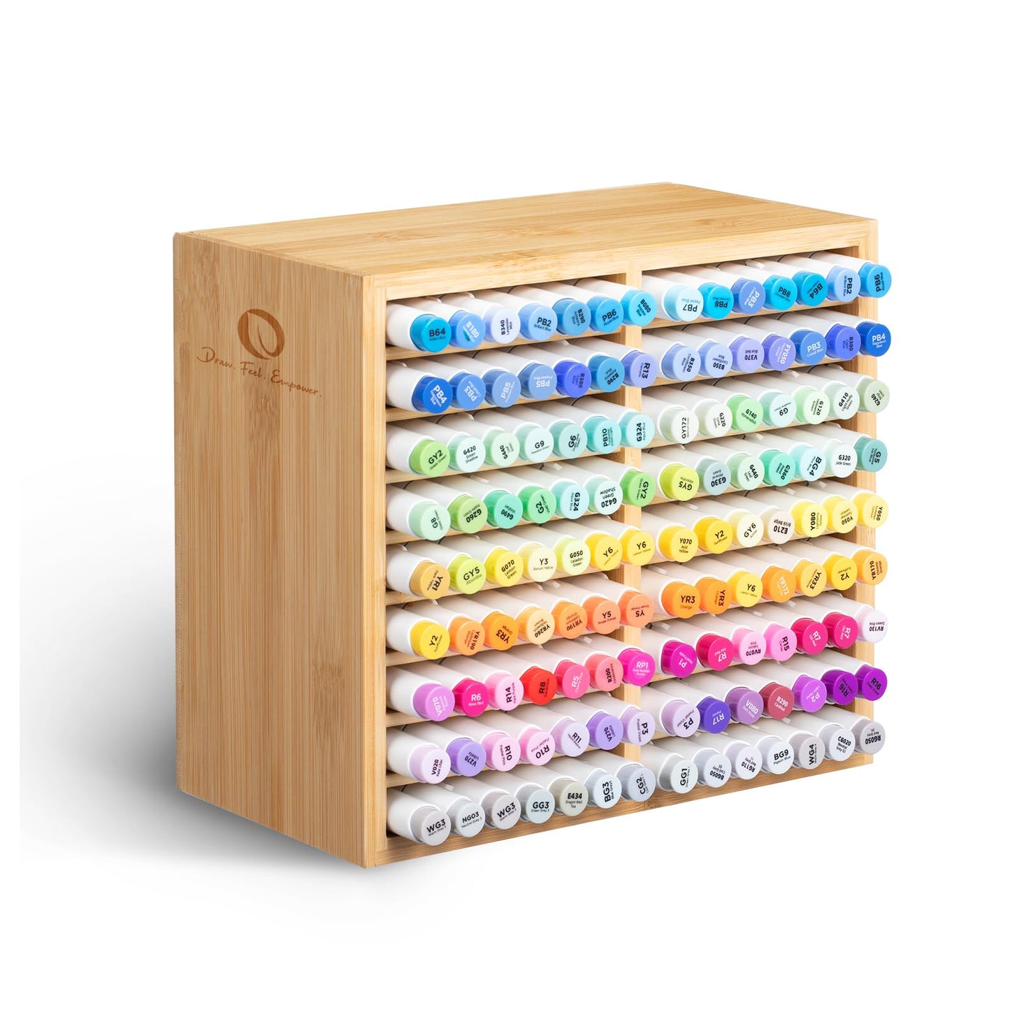 Ohuhu Bamboo Marker Organizer, Wooden Desktop Storage Hold 126 Markers, Markers Pens Pencils Art Brushes Stationary Organizer Pencil Holder with 18 Compartments